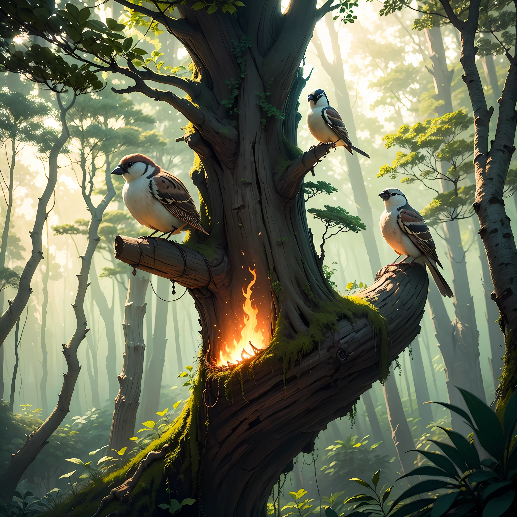 The illustration depicts a vibrant forest setting, with tall, lush trees stretching towards the sky. The sun shines brightly, casting a warm glow over the scene. In the foreground, perched on a sturdy branch, is the kindhearted sparrow, Sammy, with his small wings outstretched. Sammy is portrayed as a charming and friendly character, with bright and cheerful colors reflecting his gentle nature. --auto