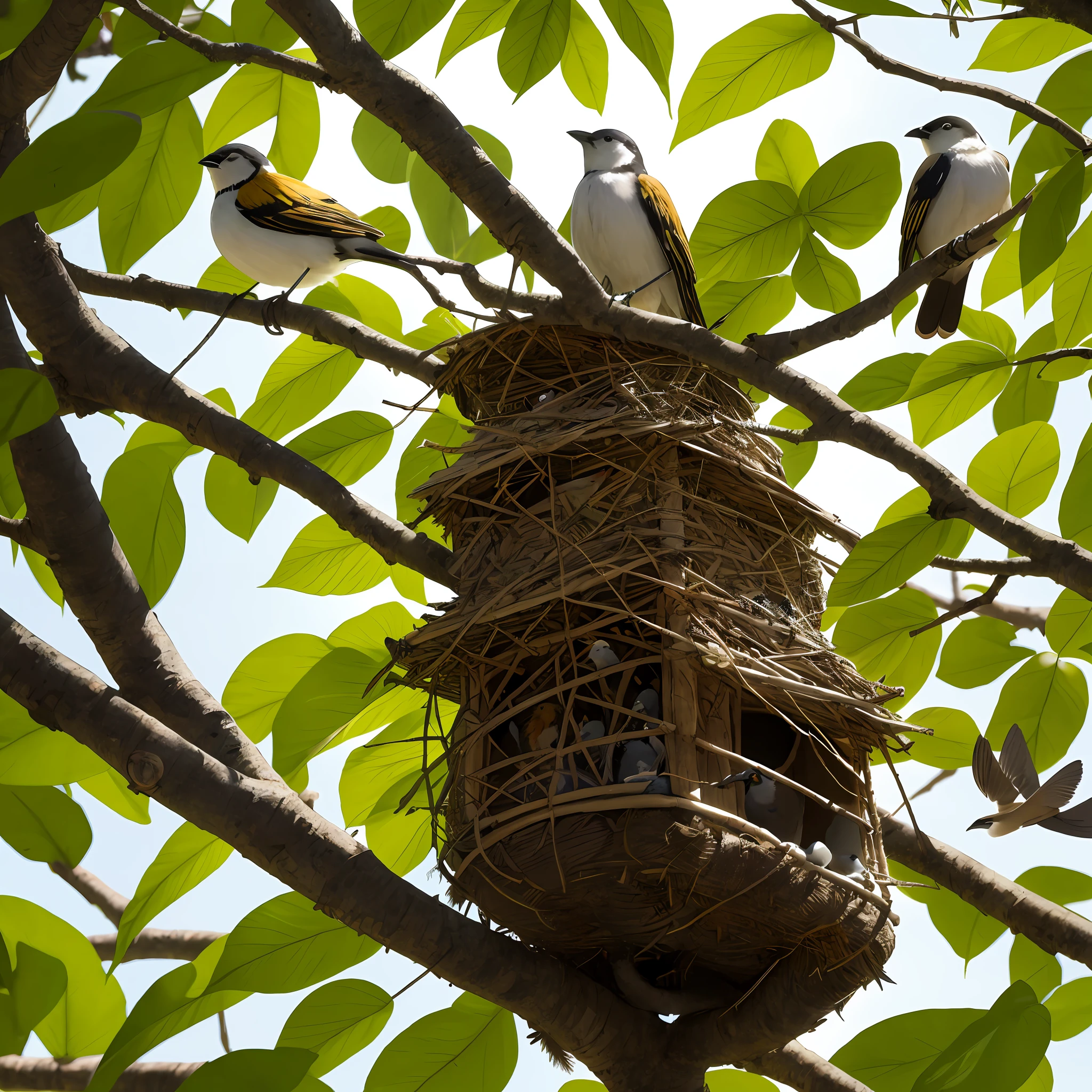 Surrounding Sammy are a group of diverse birds, each with their unique features and colors, representing the different species in the forest. They are gathered together, some perched on branches, while others rest on newly built nests. The nests are intricately woven with twigs, leaves, and feathers, showcasing Sammy's craftsmanship and attention to detail. --auto