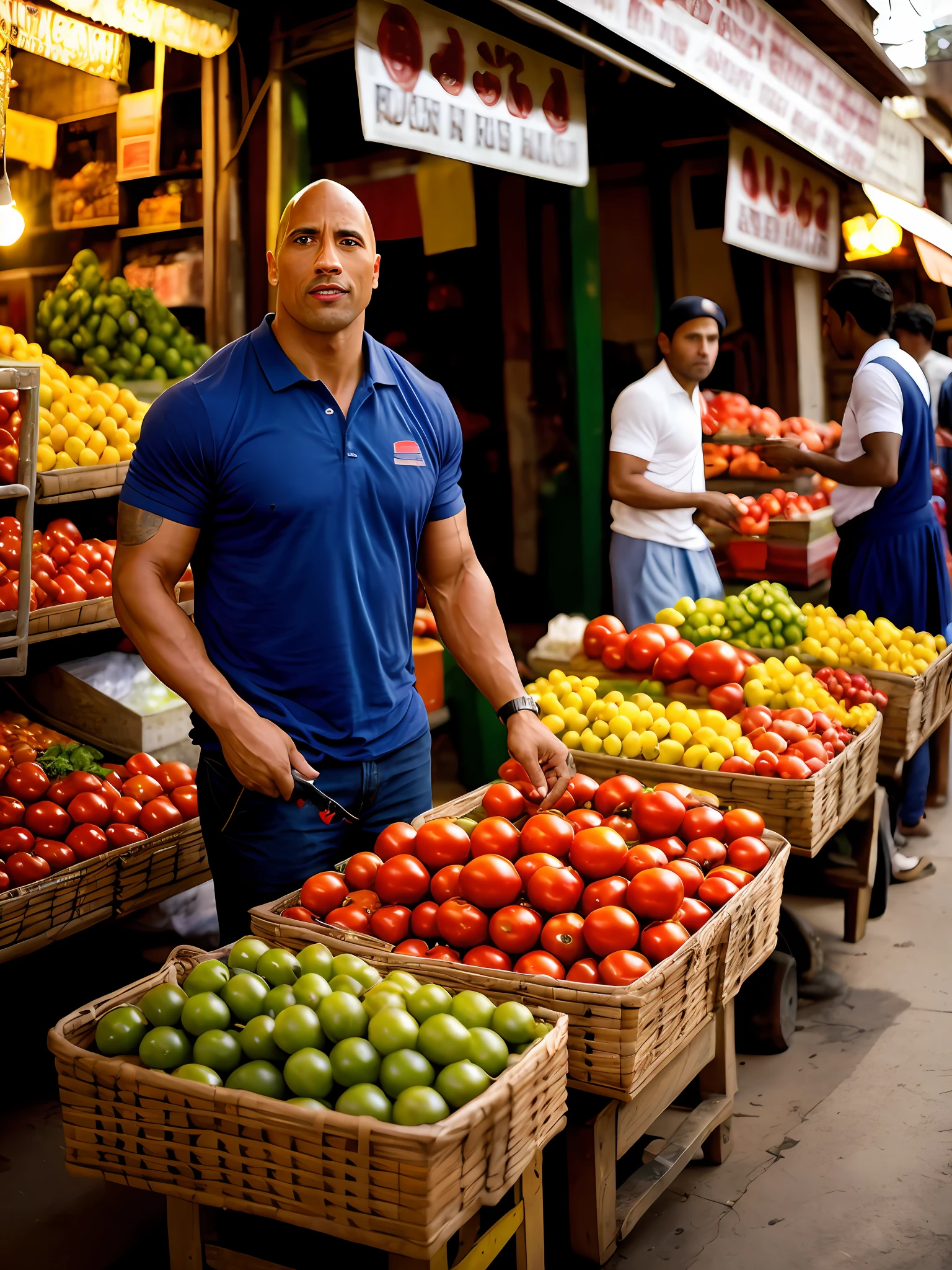 there is a man standing in front of a fruit stand, dwayne johnson, dwayne the rock johnson, the rock, starring dwayne johnson, by William Berra, market, a portrait of dwayne johnson, dwayne johnson as hulk, by Fernando Gerassi, by Sam Dillemans, dwayne johnson as superman, vin diesel with a tummy, portrait of dwayne johnson, by Ken Elias