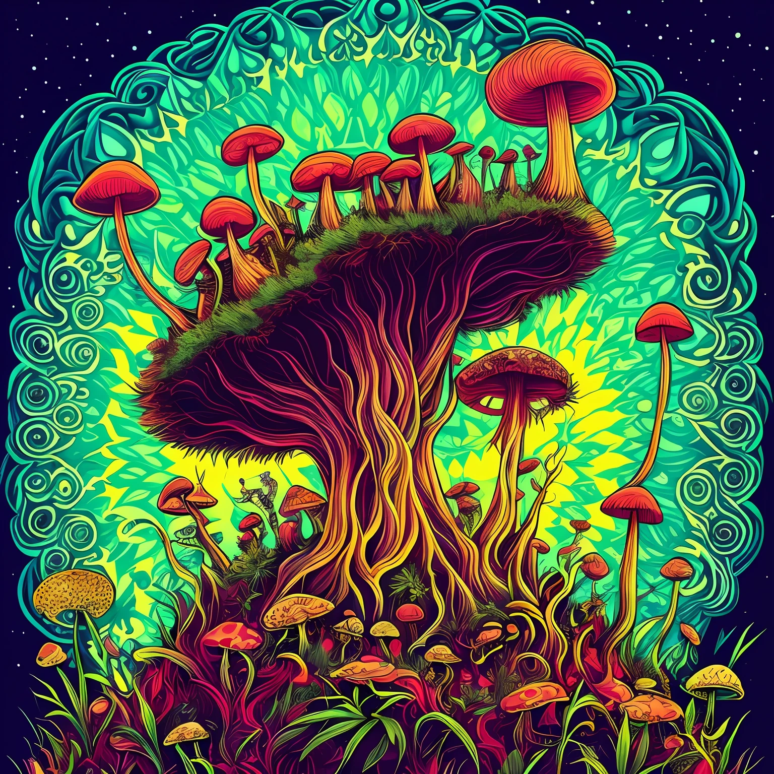 a mushroom head standing on a hill with a bunch of mushrooms with cannabis leaves and a sky composed of mandalas, Arte Trippy, psychedelic mushrooms dream, psychedelic illustration, cogumelo trippy, psychedelic trip, psychedelic acid trip, psychedelics, psychedelic mushrooms, just take a pinch of psychedelic, psychedelic style, Dan Mumford e Alex Grey Estilo, psychotropic psychedelic, psychedelic art style, psychedelic artwork, psychedelic surreal art, psychedelic aesthetic, folhas de cannababis no jardim, and the sky composed of mandalas