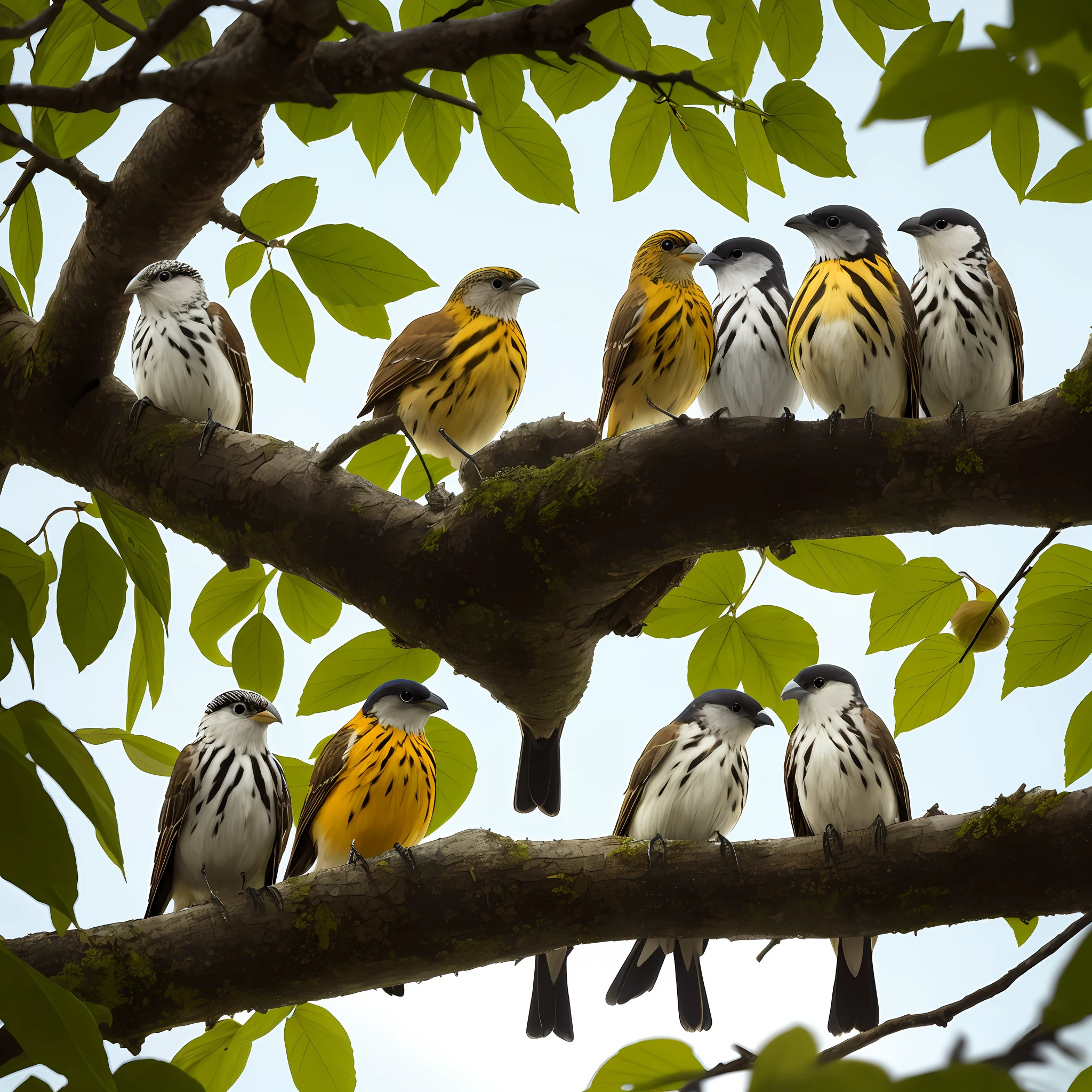 Surrounding Sammy are a group of diverse birds, each with their unique features and colors, representing the different species in the forest. They are gathered together, some perched on branches, while others rest on newly built nests. The nests are intricately woven with twigs, leaves, and feathers, showcasing Sammy's craftsmanship and attention to detail. --auto