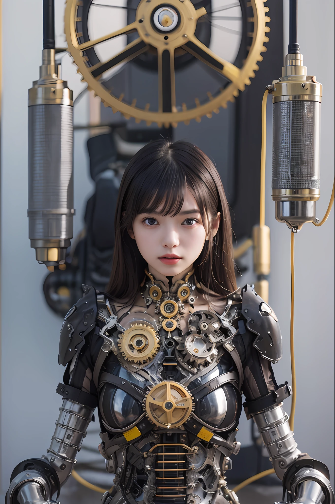 最好质量、巨作、ultra-high-resolution、(photoreallistic:1.4)、Raw photo、1 girl with big、Black hair、glowy skin、1 Mechanical Girl、((hyper realistic detail))、portlate、Global Illumination、Shadow、octane rend、8K、ultrasharp、big tit、Raw skin is exposed in cleavage、metals、Details of complex ornaments、Sumerian details、Analog Meter、cog、gear、Golden hydraulic cylinder、hyper intricate details、Realistic light、CGSoation Trends、purple colored eyes、eyes glowing、Facing the camera、neon details、Mechanical limbs、blood vessels connected to tubes、Mechanical vertebrae attached to the back、mechanical cervical attaching to neck、sitting on、Wires and cables connecting to the head、vacuum tubes、cog、meter、evangerion、Small LED lamp、The background is a steampunk city、