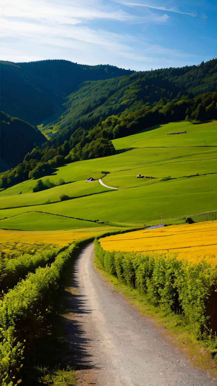 Eine ruhige und friedliche Szene, mit einem ruhigen See, nestled in rolling hills and surrounded by a green forest, mit einem nebligen Morgennebel, der einen Hauch von Geheimnis und Verzauberung verleiht, ArtStation, Digitale Kunst, kompliziert, laufend, dim colors