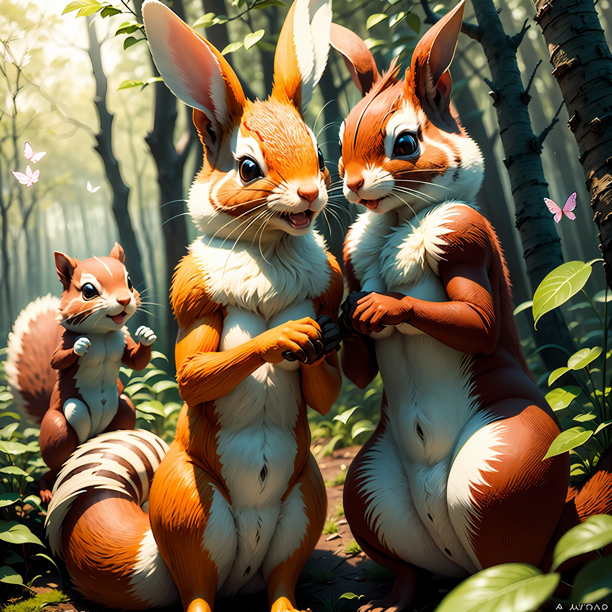 The atmosphere is filled with joy and gratitude as various woodland creatures, such as squirrels, rabbits, and butterflies, come together to celebrate Sammy's act of kindness. They are depicted in lively and playful poses, symbolizing the unity and friendship that has blossomed in the forest. --auto