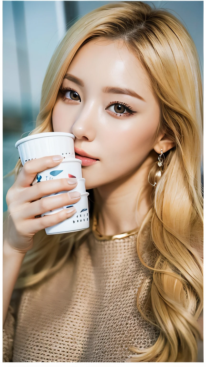 PHGLS, cups, in container, (巨作:1.6, Top image quality), (Exquisite beautiful eyes: 1.2), 1girl in, 独奏, sitting on, blonde hair,