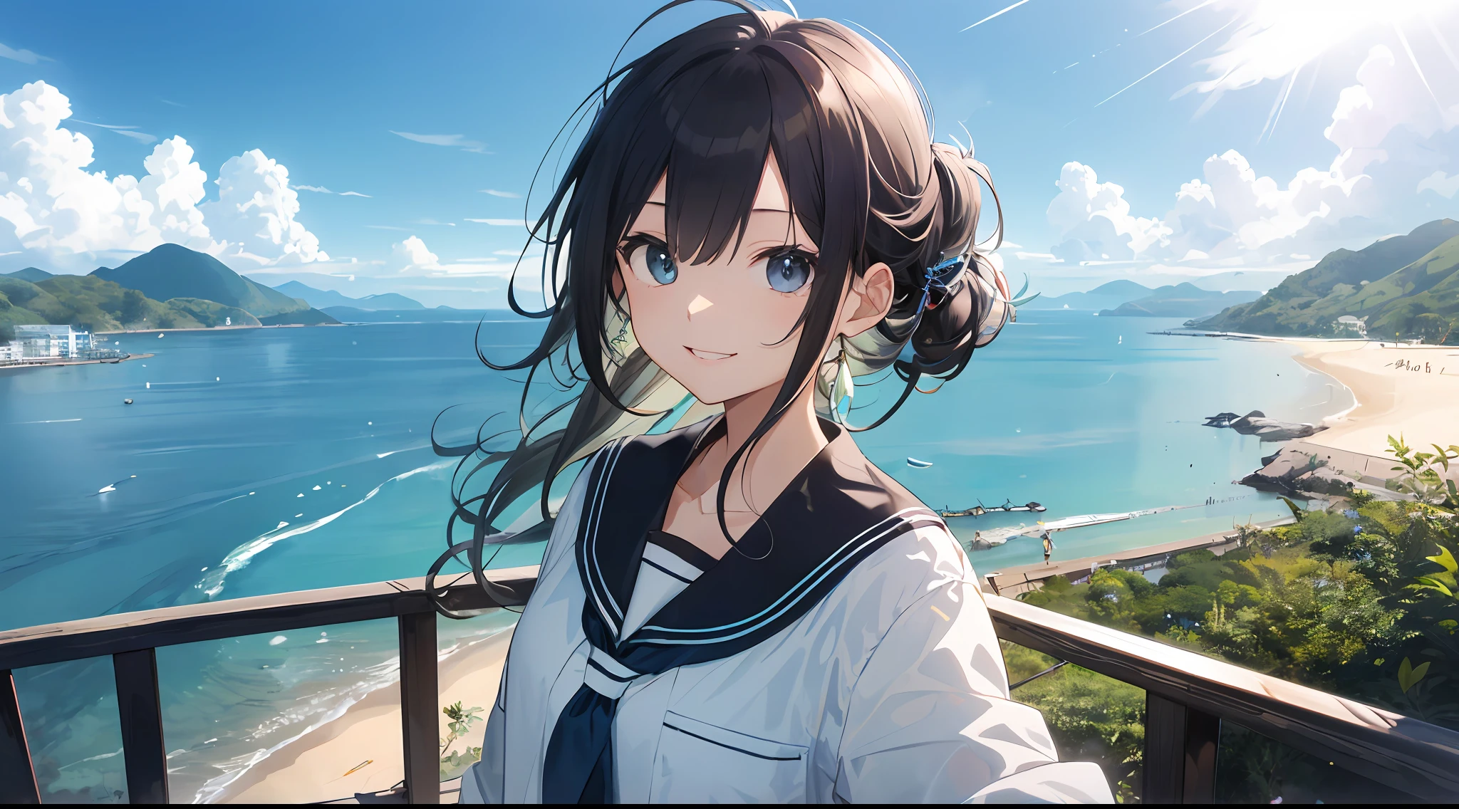 (最好质量:1.5)、(ultra hyper-detailed:1.5)、(Highest Quality Photos:1.5)、Beautiful Girl Girl、a very cute、Crystal clear white skin、Beautiful sea、The ocean as far as the eye can see、Summer sky、Into the cloud、beach、1 persons、Staring at the clouds、Radiant smile、Islands in the Seto Inland Sea、Nostalgia hobby、nostalgia、