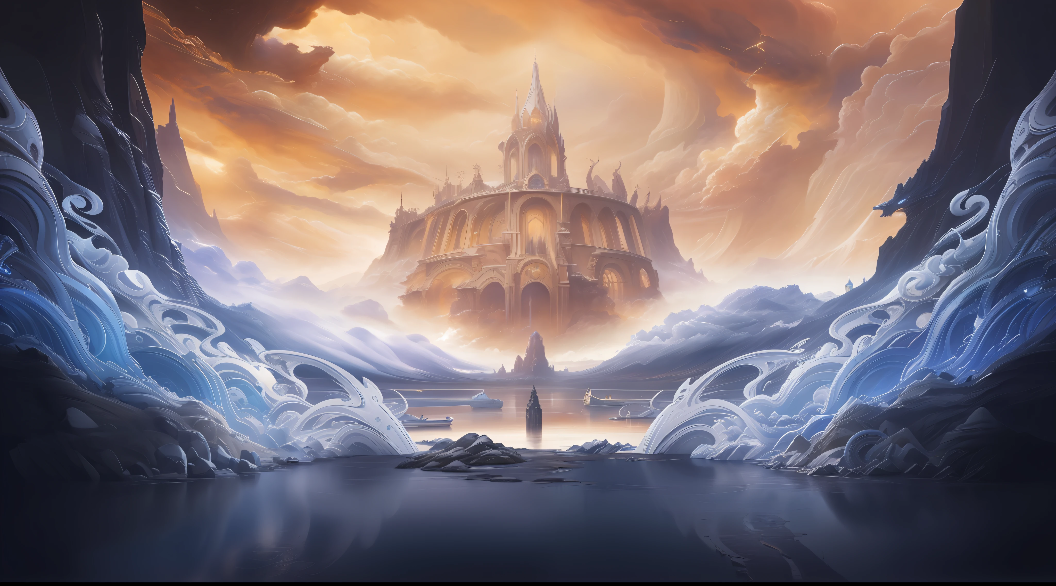 Lake surface，Auspicious clouds，entangle，stunning arcanum backdrop, Official artwork HDR, high detailed official artwork, 4k highly detailed digital art, epic surrealist 8K oil painting, Official artwork, symmetrical epic fantasy art, intricate concept art painting, background artwork, concept art highly detailed, primordial waters, science fantasy painting