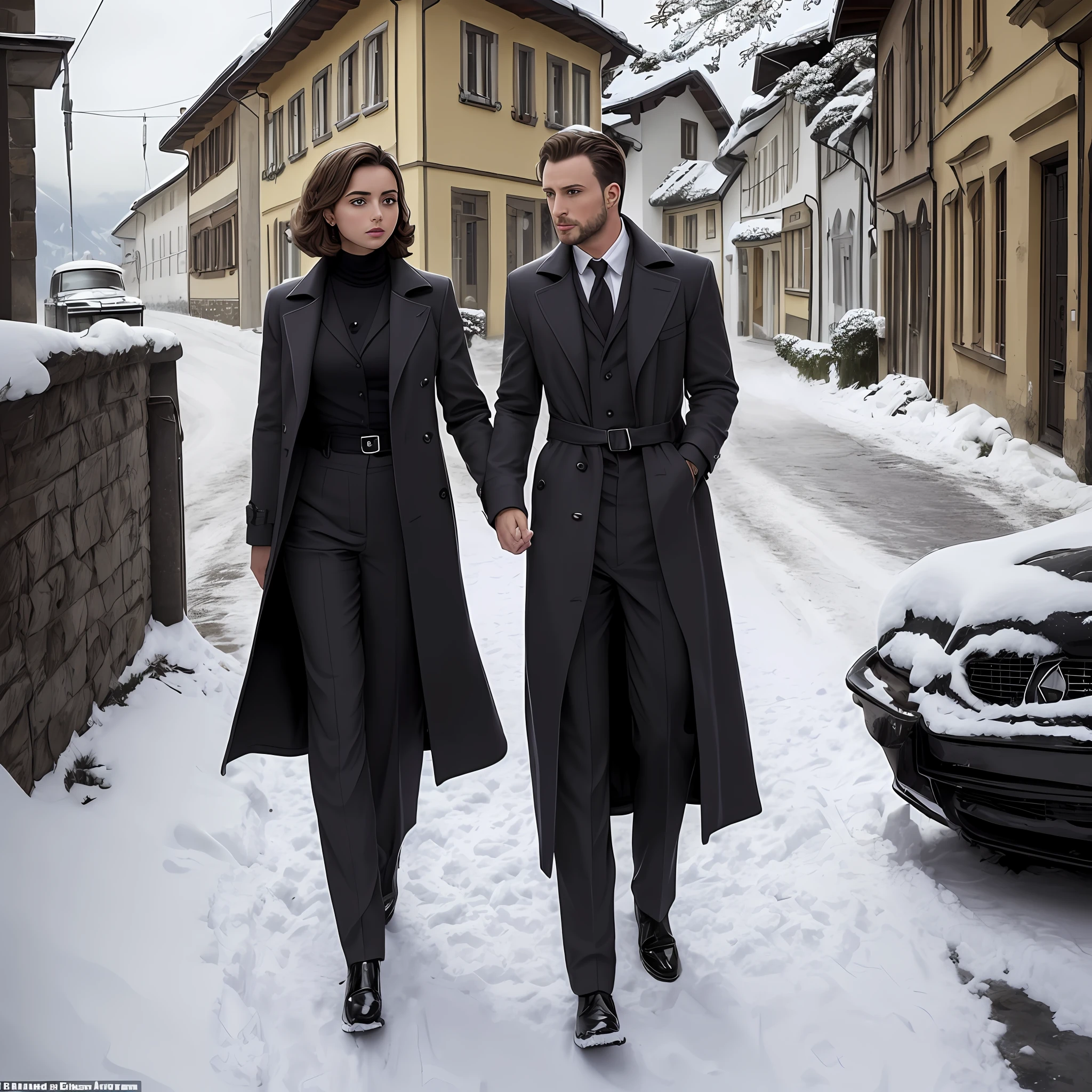 Foto ultra realista. 1 woman with the characteristics of Ana de Armas with thermal pants, White wool blouse turtleneck, sobretudo por cima da roupa, synthetic leather stole wrapped around the neck and female hair with the style of the 50s; the man has short hair and the features of Chris Evans, He wears a classic dark overcoat over a gray suit; the two are together in a romantic cinematic image with a dramatic air on a snow-covered street in St. Gallen in Switzerland , at night time, muita neve, frio, nevoeiro, inverno. The scenario with characteristics of the year 1945, with dramatic and melancholic tones --auto