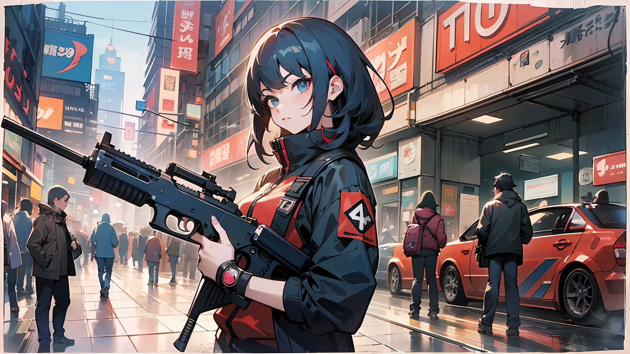 Anime - a style image of a woman holding a gun in a crowded place, Guviz, Guviz-style artwork, style of anime4 K, guweiz masterpiece, badass anime 8 k, Guweiz in Pixiv ArtStation, Guweiz on ArtStation Pixiv, 4k anime wallpaper, 4k manga wallpapers