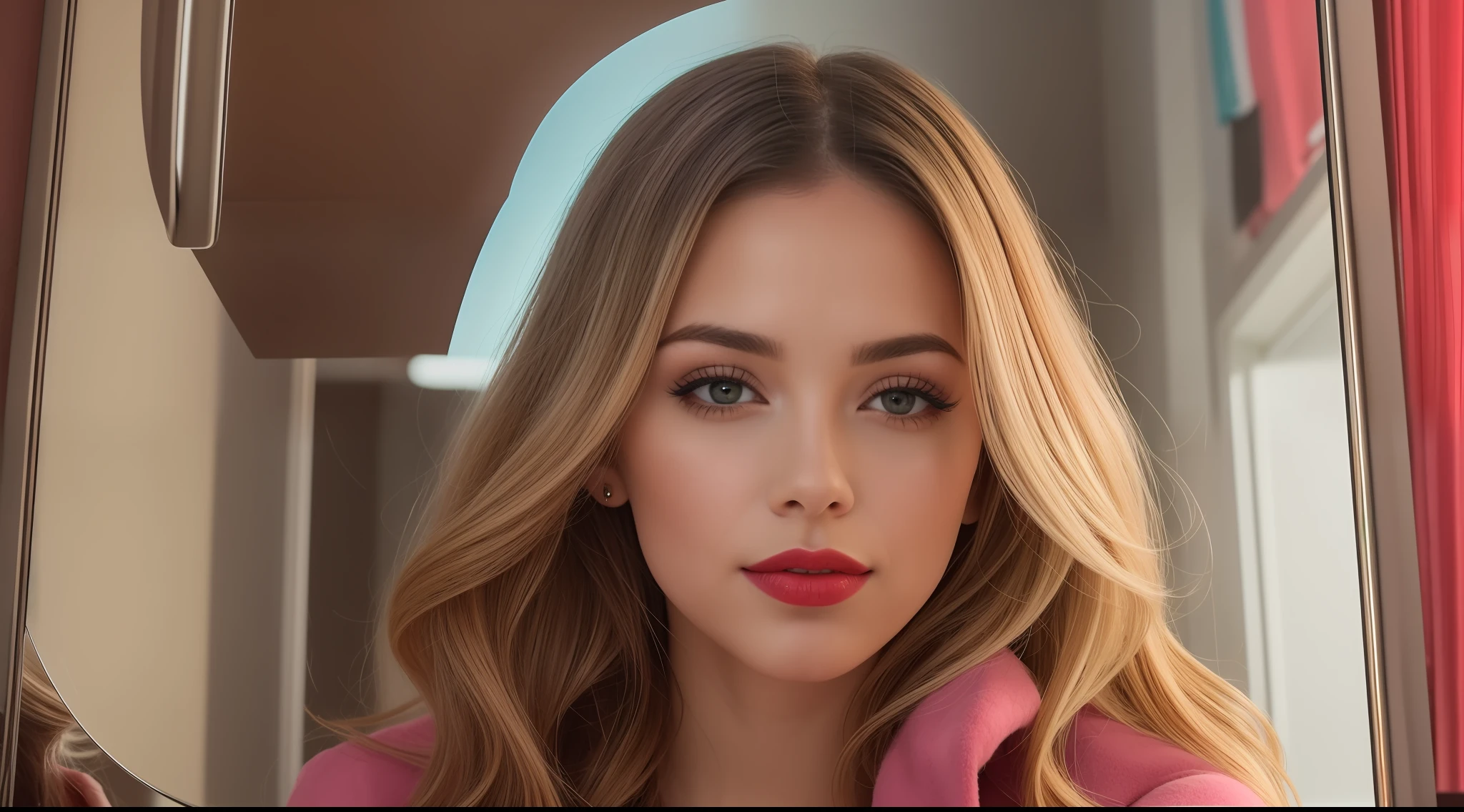 Uma mulher jovem e bonita, blonde hair that falls gently in waves up to the shoulders, altura mediana, olhos grandes e verdes, pele clara, She's in a bathrobe, ela esta em um banheiro, She's looking into a mirror and passing perfume, fazendo cuidados com a pela antes de dormir, The environment is illuminated with lights of warm and pleasant colors making your hair shine, seu semblante esta naturalmente sereno, lips with red lipstick, Textura 8K, altamente detalhados, realista, soft Cinematic Light, HDR, sharp fokus, obra-prima, fotorrealista, fotografia premiada, Canon EOS R5, 35 mm.