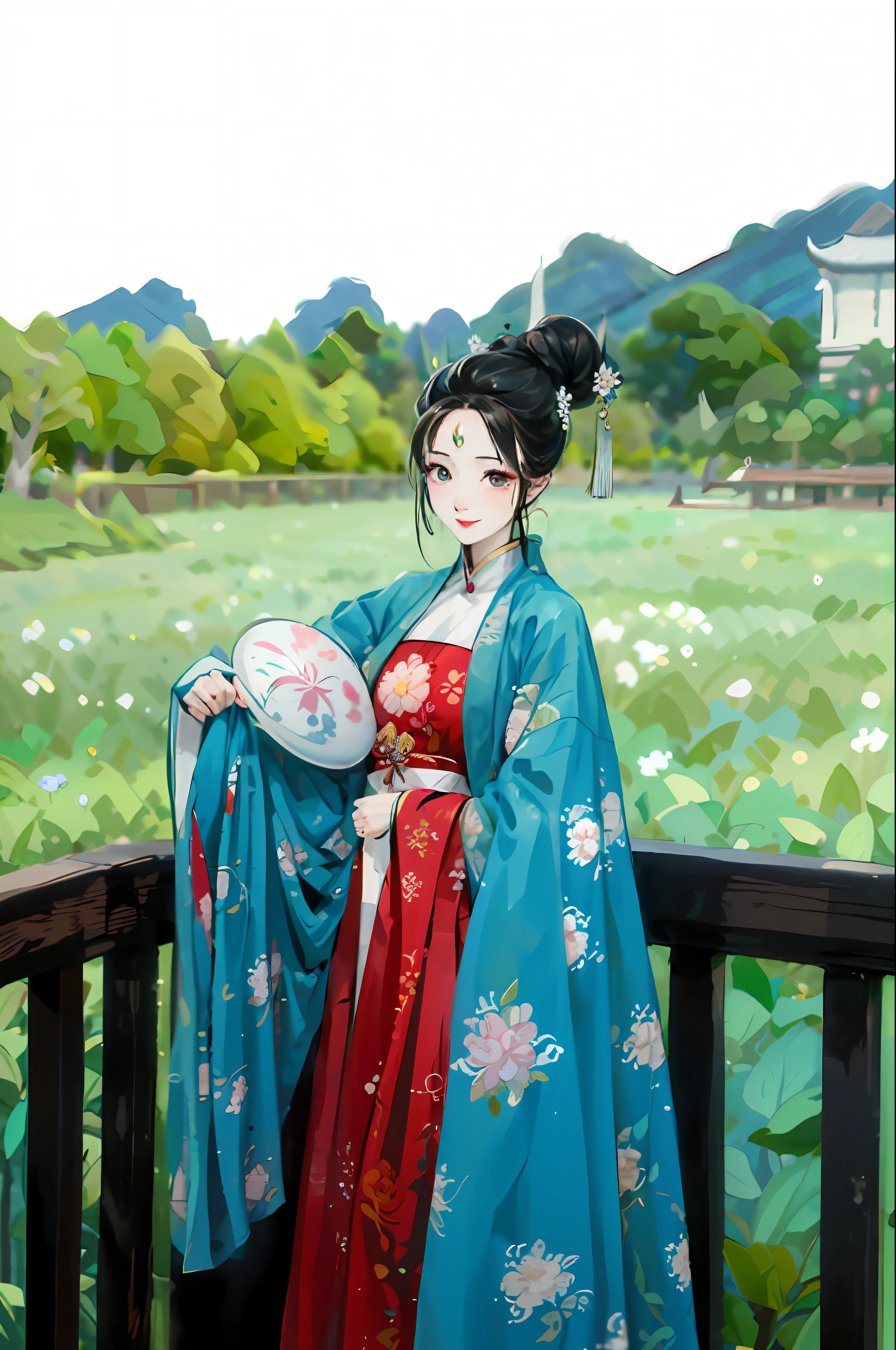 Masterpiece, Superb Product, Night, Full Moon, 1 Woman, Mature Woman, Chinese Style, Antique Chinese, Sister, Royal Sister, Smile, Brunette Hair, Updo, Red Lips, Calm, Intellectual, Hairpin, Hair Flower, Detailed Facial Details, Detailed Eyes, Full Body, Gray Eyes, Long Hair, Hydrangeas