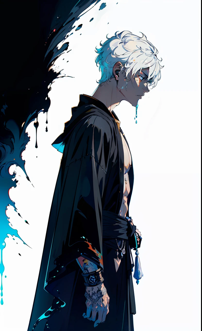 Cyberpunk male, fantasy world, dark background, clean design, epic instagram, artstation, colorful paint splatter, silhouette, hyper detailed intricate details, unreal engine, fantasy, intricate details, splash screen, complementary colors, Fantasy concept art, 8k resolution, deviantart masterpiece, oil painting, heavy strokes, paint dripping, (isolated on white background: 1.3), rainbow skin, (((handsome young man))), ((age:1.5) ), (glowing blue eyes), ((light eyes)), ((((short white hair: 1.1))), ((black clothes)), (prince\\(indifferent expression\\),, ( ((Wears high detail luxurious black robe))), white hair, frost magic, ((chest) --v 6
