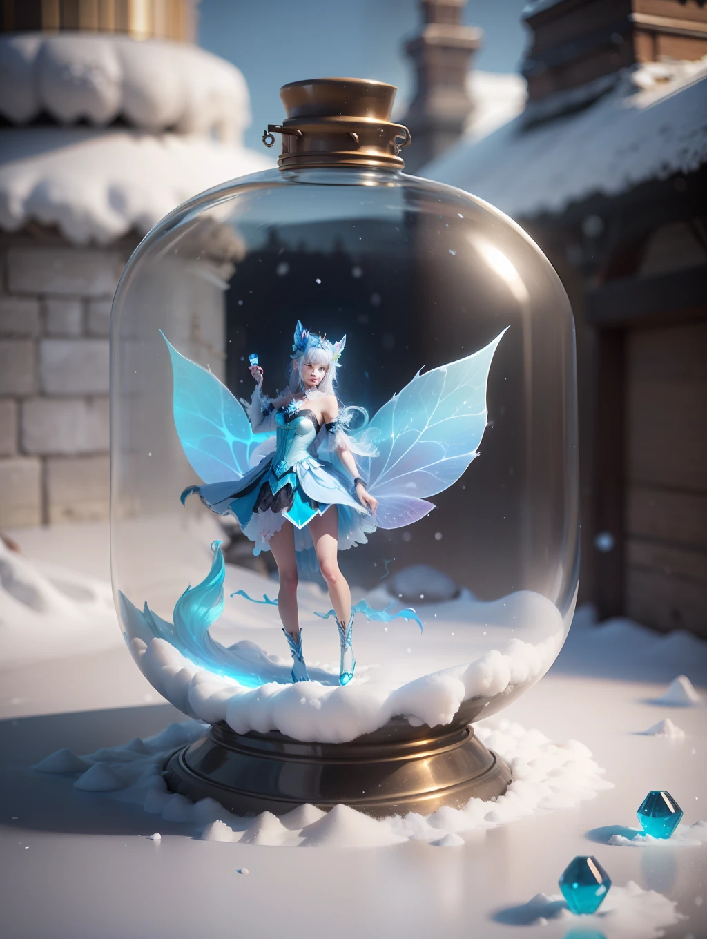 a woman dressed as a fairy in a glass jar, fantasy art, female made of ice, 3d anime girl, listing image, diamond skin, depicted as a 3 d render, floating in perfume, tundra, defence, ability image, snow and blue fire, blue image, female full body, modern anime still image