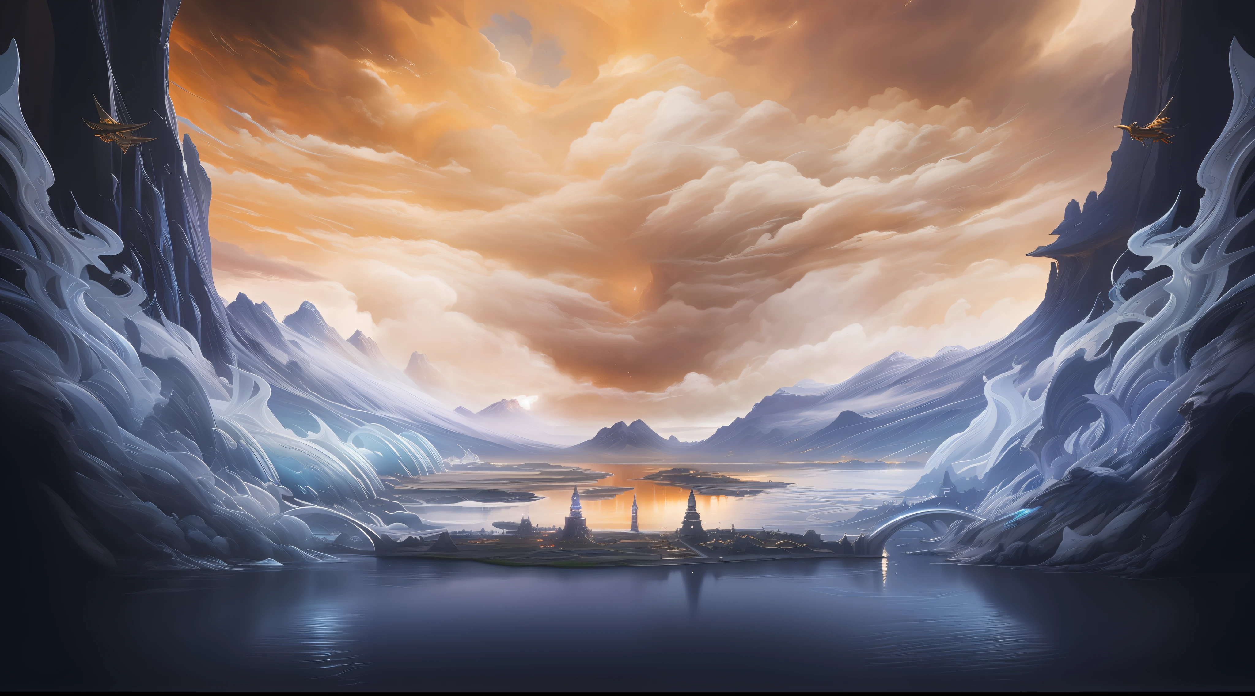 Lake surface,Auspicious clouds,entangle,stunning arcanum backdrop, Official artwork HDR, high detailed official artwork, 4k highly detailed digital art, epic surrealist 8K oil painting, Official artwork, symmetrical epic fantasy art, intricate concept art painting, background artwork, concept art highly detailed, primordial waters, science fantasy painting