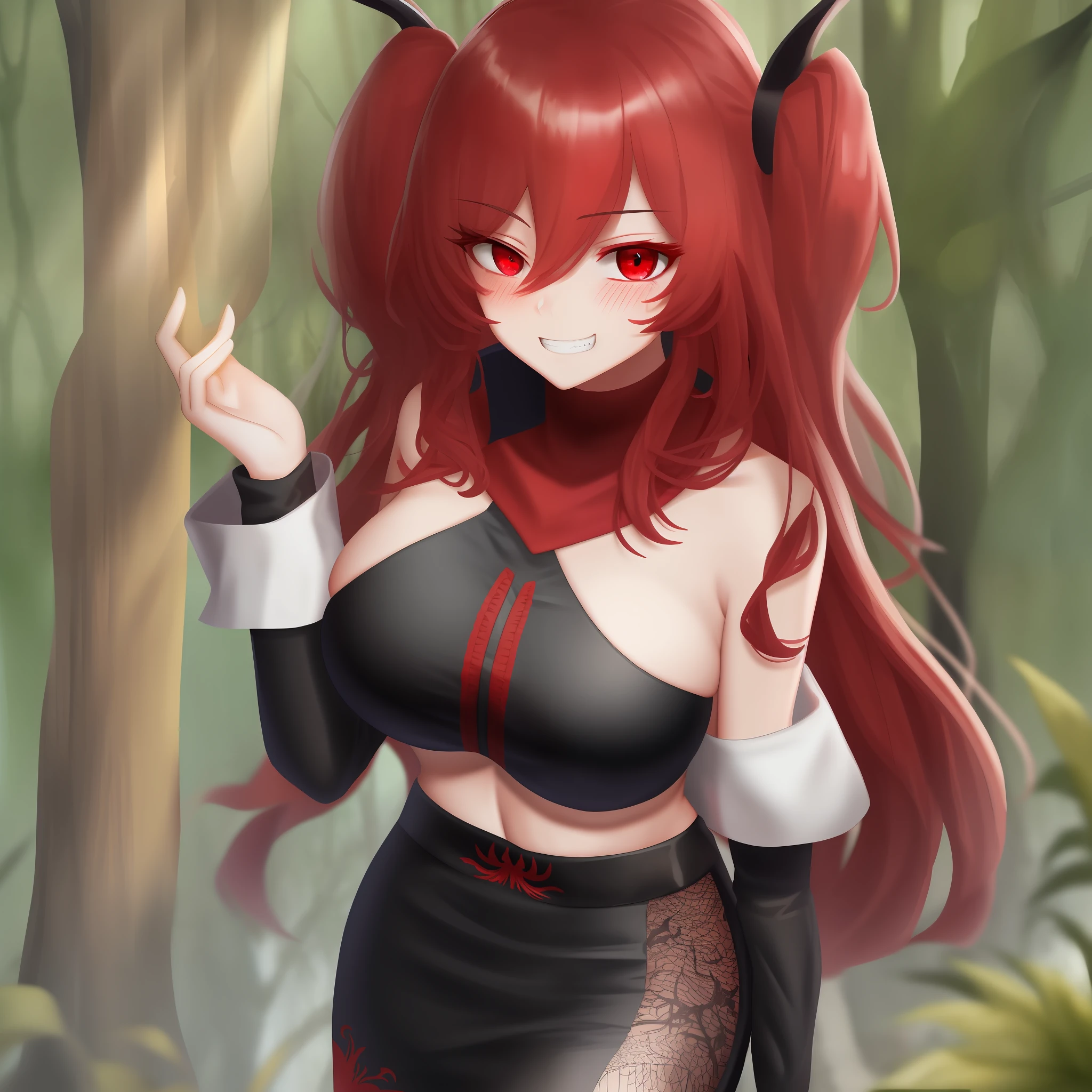 One Sexy Woman in a forest, Proudly standing, medium-sized boobs, bare shoulders, black none-connected sleeves, black skirt, red embroidered shirt, red hair, intense blushing, softie eyes, red eyes, perverted grin,