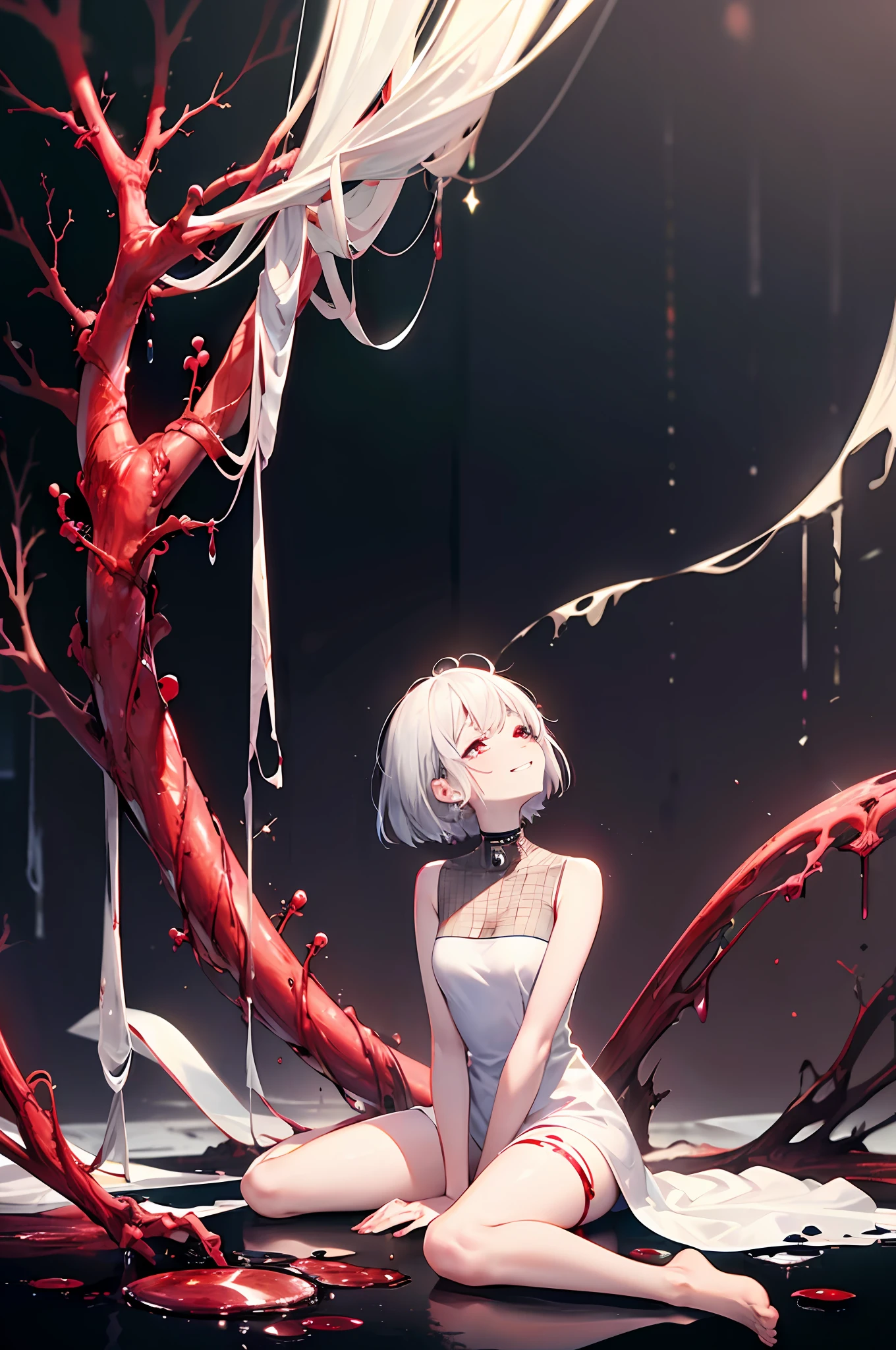 top quality, masterpiece, finely detail, very delicate 8k wallpaper, beautiful Girl, (white sleeveless_dress), pale skin, (Gray medium hair), grin, (red-eyes, half-closed_eyes), (sitting, wariza), (hands between legs:1.1), look_up_to, (bare_limbs:1.4), Biotechnology, (bio punk:1.5), Horror, Research facility, blood pool, return blood, red meat loaf, (blood vessels connected to tubes),