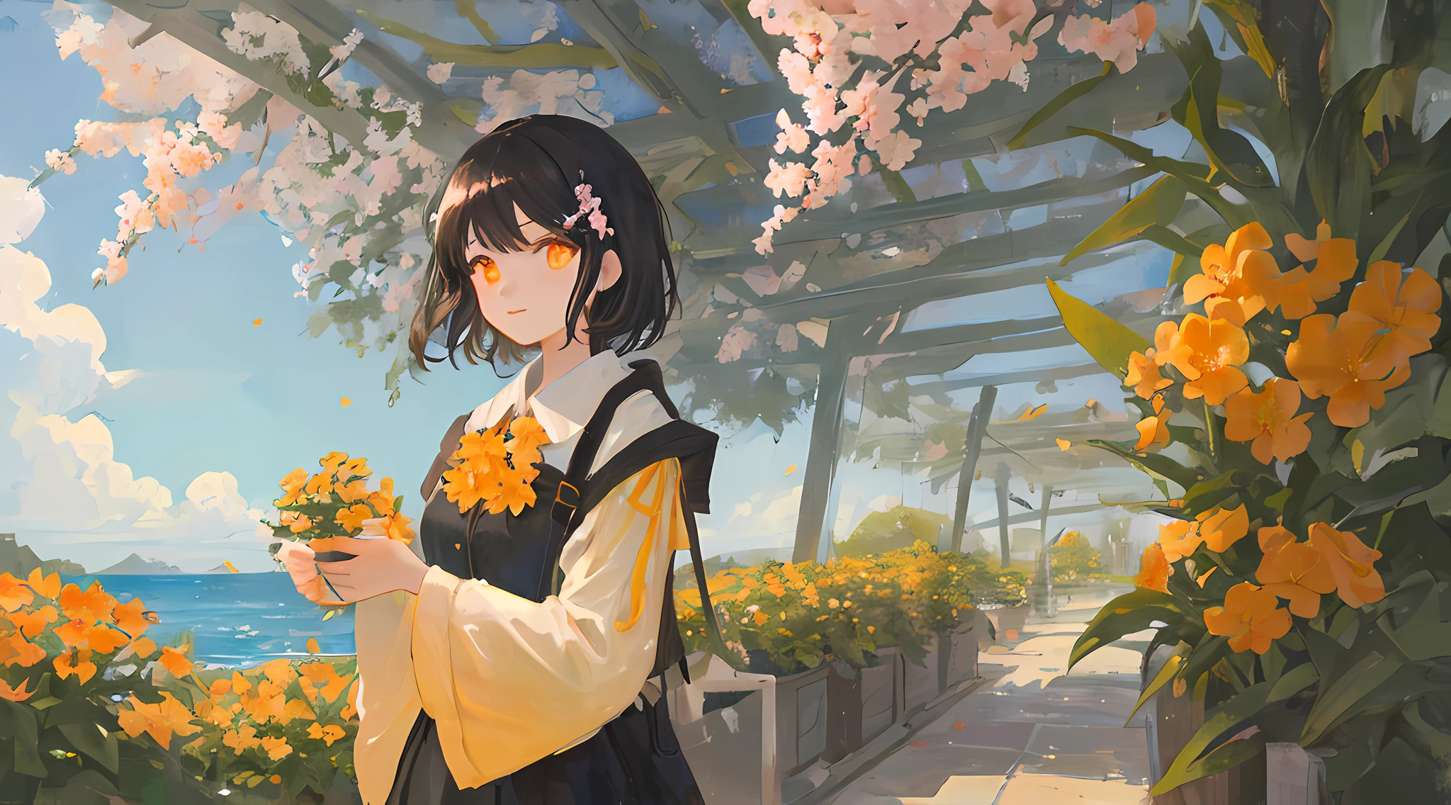 The masterpiece is the best and the best super-detailed illustration. The orange eyes are meticulous. 1girl has short black hair. The sea of flowers in spring is full of beauty.