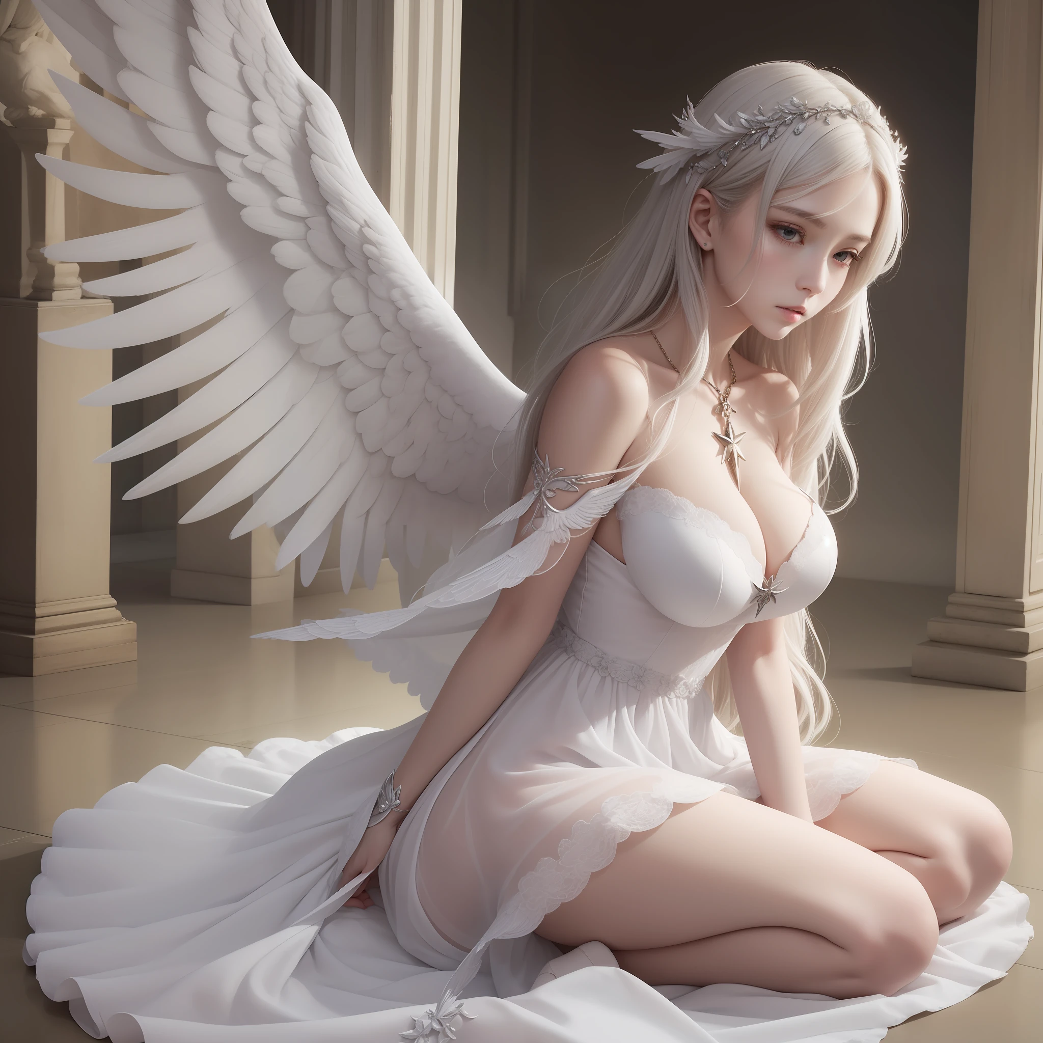 ultra realisitic、Wings of an Angel、Fair skin、a large breast、Official art、archangel、White and beautiful hair、White dress、ciel、Detailed details、ultra res、realphoto、necklac、deity々Shikai、Prayer Pose、