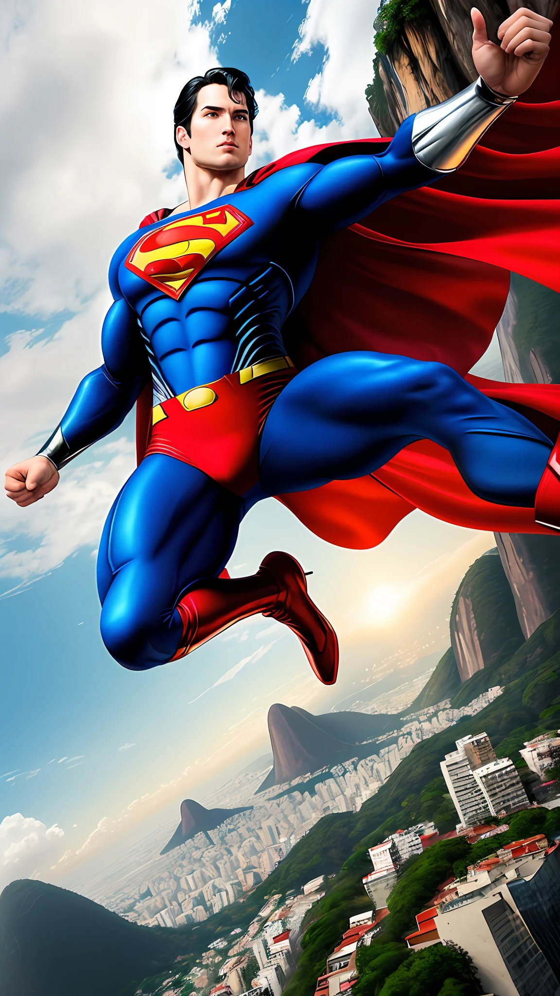 (best quality:1.3), (masterpiece:1.3), (realistic:1.4), (detailed:1.1), artwork of (Superman:1.3) soaring over the city of Rio de Janeiro, Brazil. The artwork should be highly detailed, and should accurately depict the character of Superman, including his iconic blue and red suit, cape, and emblem. The artwork should be created at a high resolution of 8K or 4K, and should be rendered in 3D to give it a lifelike quality. The artwork should also be created in 8D to add depth and dimensionality. The overall style of the artwork should be realistic, with an emphasis on capturing the vibrant colors and energy of Rio de Janeiro. Be sure to include iconic landmarks such as the Christ the Redeemer statue and Sugarloaf Mountain. The final artwork should be of the highest quality and should match the level of detail and realism found in professional Adobe Photoshop artwork.