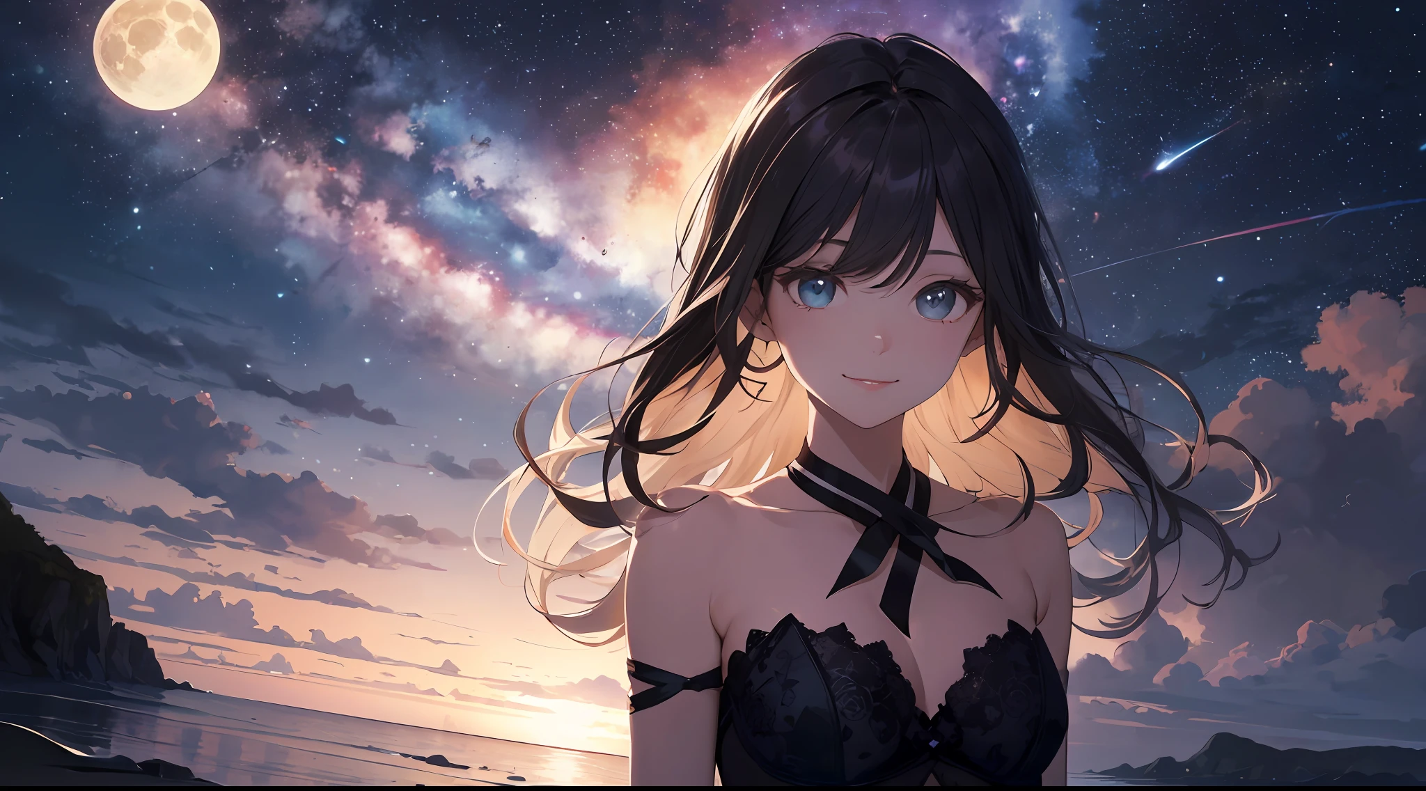 (Best Quality: 1.5), (Ultra Detail: 1.5), (Best Quality Photo: 1.5), ocean as far as the eye can see, horizon, pitch black sea, full moon night, rainbow, midnight, scenic, beautiful landscape, galaxy, nebula, full of stars, particles of light, very delicate and beautiful, very detailed, bioluminescence, cinematic light, mysterious, cinematic angle, 8k resolution, elegant, perfect, smooth, beautiful girl staring into the distance, very cute, smile, (delicate and beautiful eyes: 1.2), (girl: 1.5),lace,ribbon,strapless,luxurious accessories, solo, perfect body, water droplets, transparency,