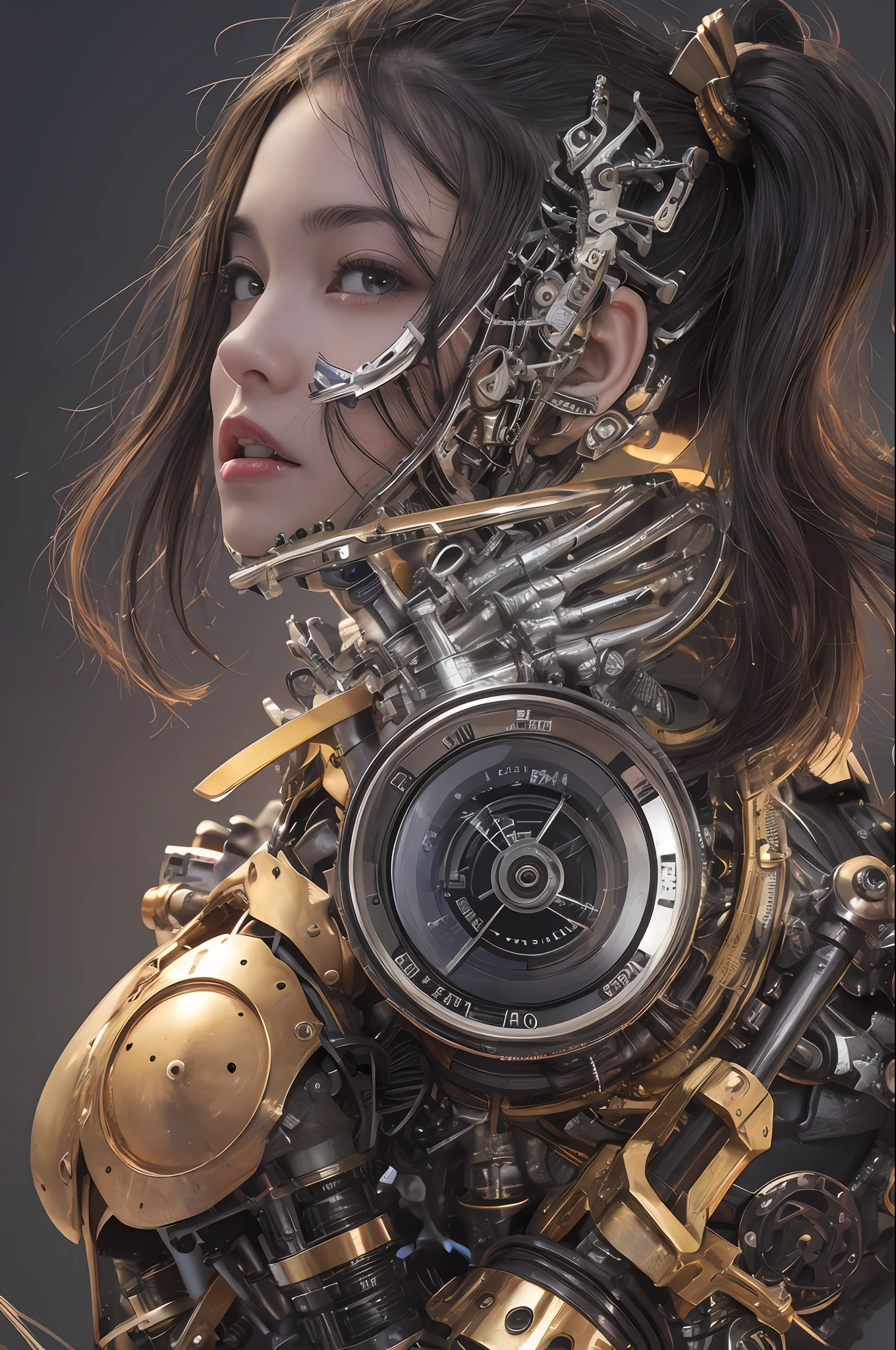 最好质量、巨作、ultra-high-resolution、(photoreallistic:1.4)、Raw photo、女の子1人、Black hair、glowy skin、1 Mechanical Girl、((hyper realistic detail))、portlate、Global Illumination、Shadow、octane rend、8K、ultrasharp、big tit、Raw skin is exposed in cleavage、metals、Details of complex ornaments、Steampunk details、Analog Meter、cog、gear、Golden hydraulic cylinder、hyper intricate details、Realistic light、CGSoation Trends、purple colored eyes、eyes glowing、Facing the camera、neon details、Mechanical limbs、blood vessels connected to tubes、Mechanical vertebrae attached to the back、mechanical cervical attaching to neck、sitting on、Wires and cables connecting to the head、Gundam、Small LED lamp、