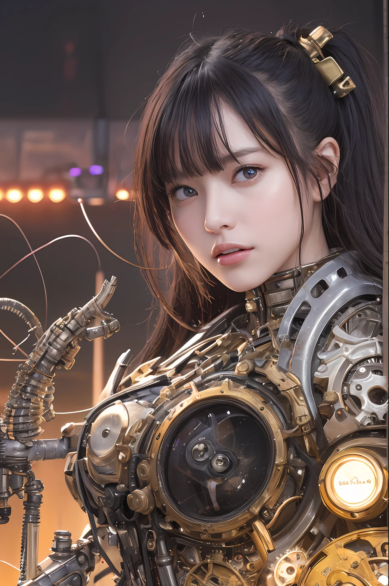 最好质量、巨作、ultra-high-resolution、(photoreallistic:1.4)、Raw photo、1人、Black hair、glowy skin、1 Mechanical Girl、((hyper realistic detail))、portlate、Global Illumination、Shadow、octane rend、8K、ultrasharp、big tit、Raw skin is exposed in cleavage、metals、Details of complex ornaments、Steampunk details、Analog Meter、cog、gear、Golden hydraulic cylinder、hyper intricate details、Realistic light、CGSoation Trends、purple colored eyes、eyes glowing、Facing the camera、neon details、Mechanical limbs、blood vessels connected to tubes、Mechanical vertebrae attached to the back、mechanical cervical attaching to neck、sitting on、Wires and cables connecting to the head、Gundam、Small LED lamp、