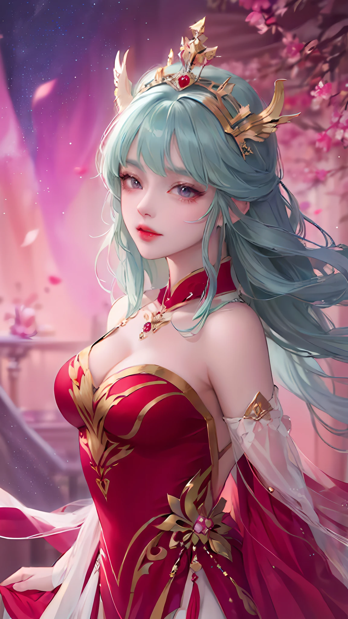 anime girl with blue hair and a flower crown,masterpaintings,Need,1female,Exposed shoulder,length hair,cleavage dress,Cowboy photos,Dynamic pose,dynamic angle, Guviz-style artwork, ((a beautiful fantasy empress)), a beautiful anime portrait, Guviz, Beautiful anime girl, Smooth anime CG art, beautiful anime style, Guweiz in Pixiv ArtStation, 8K high quality detailed art, Guweiz on ArtStation Pixiv