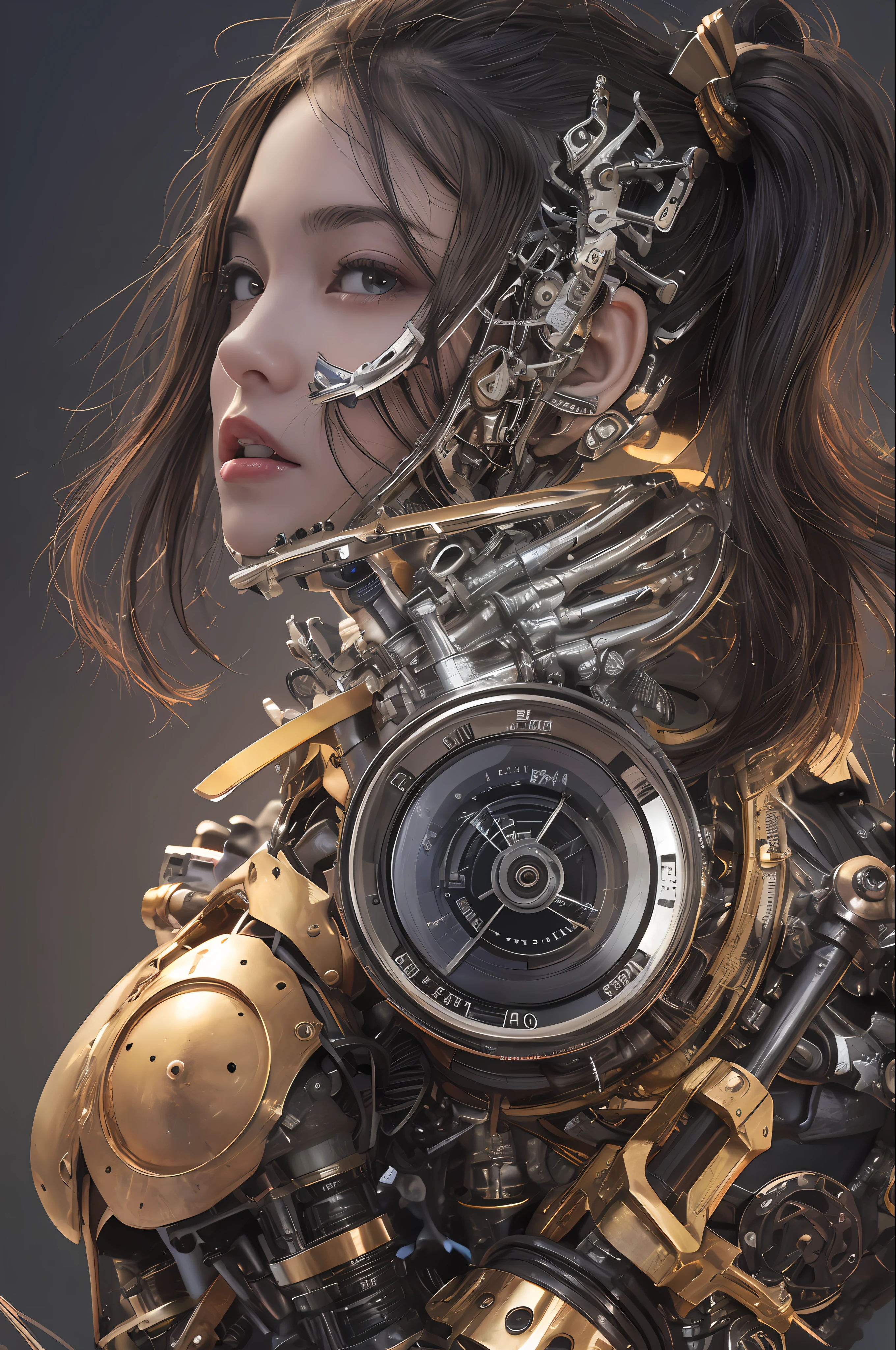 最好质量、巨作、ultra-high-resolution、(photoreallistic:1.4)、Raw photo、1人、Black hair、glowy skin、1 Mechanical Girl、((hyper realistic detail))、portlate、Global Illumination、Shadow、octane rend、8K、ultrasharp、big tit、Raw skin is exposed in cleavage、metals、Details of complex ornaments、Steampunk details、Analog Meter、cog、gear、Golden hydraulic cylinder、hyper intricate details、Realistic light、CGSoation Trends、purple colored eyes、eyes glowing、Facing the camera、neon details、Mechanical limbs、blood vessels connected to tubes、Mechanical vertebrae attached to the back、mechanical cervical attaching to neck、sitting on、Wires and cables connecting to the head、Gundam、Small LED lamp、