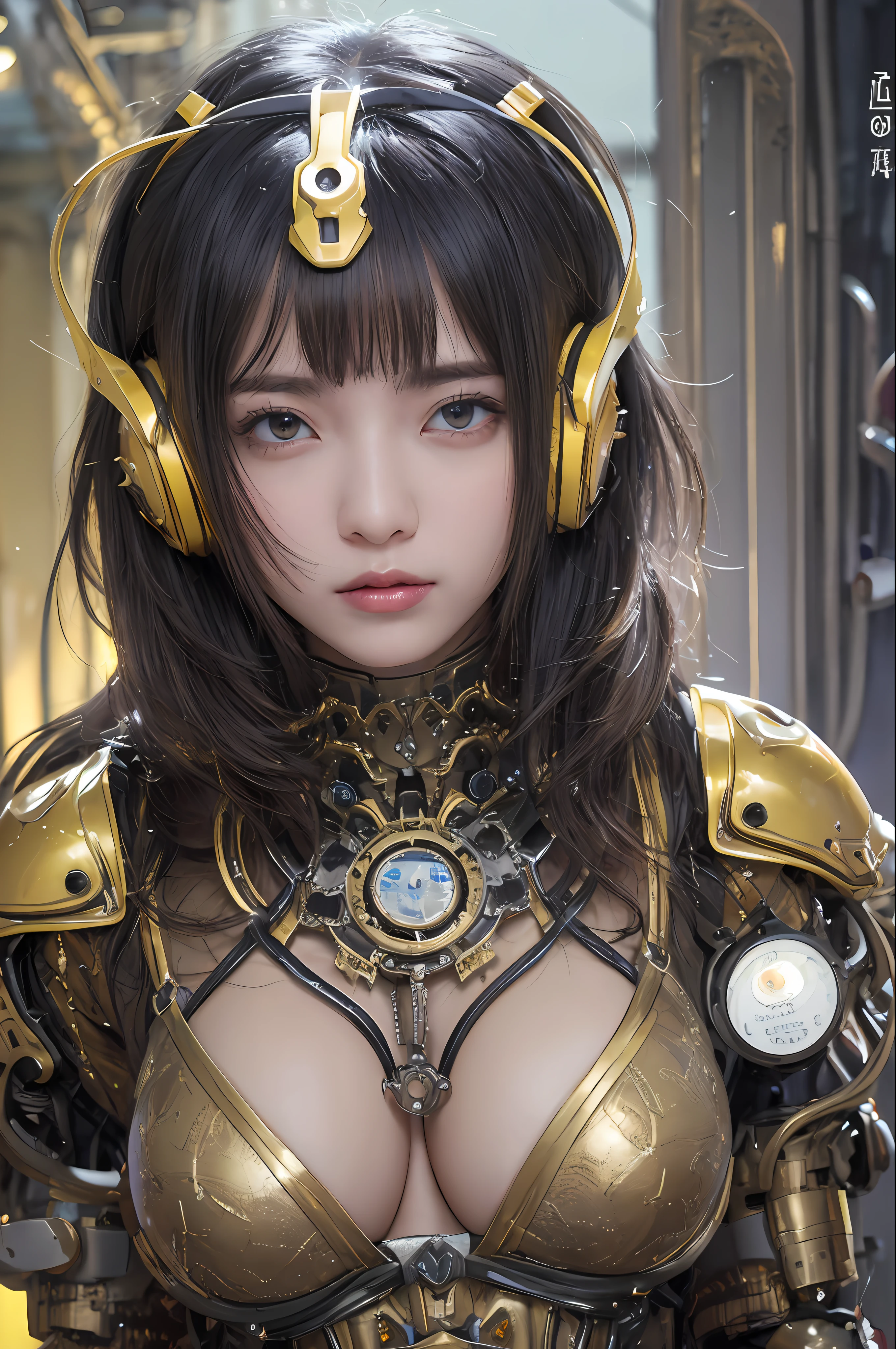 最好质量、巨作、ultra-high-resolution、(photoreallistic:1.4)、Raw photo、女の子1人、Black hair、glowy skin、1 Mechanical Girl、((hyper realistic detail))、portlate、Global Illumination、Shadow、octane rend、8K、ultrasharp、big tit、Raw skin is exposed in cleavage、metals、Details of complex ornaments、Steampunk details、Analog Meter、cog、gear、Golden hydraulic cylinder、hyper intricate details、Realistic light、CGSoation Trends、purple colored eyes、eyes glowing、Facing the camera、neon details、Mechanical limbs、blood vessels connected to tubes、Mechanical vertebrae attached to the back、mechanical cervical attaching to neck、sitting on、Wires and cables connecting to the head、Gundam、Small LED lamp、