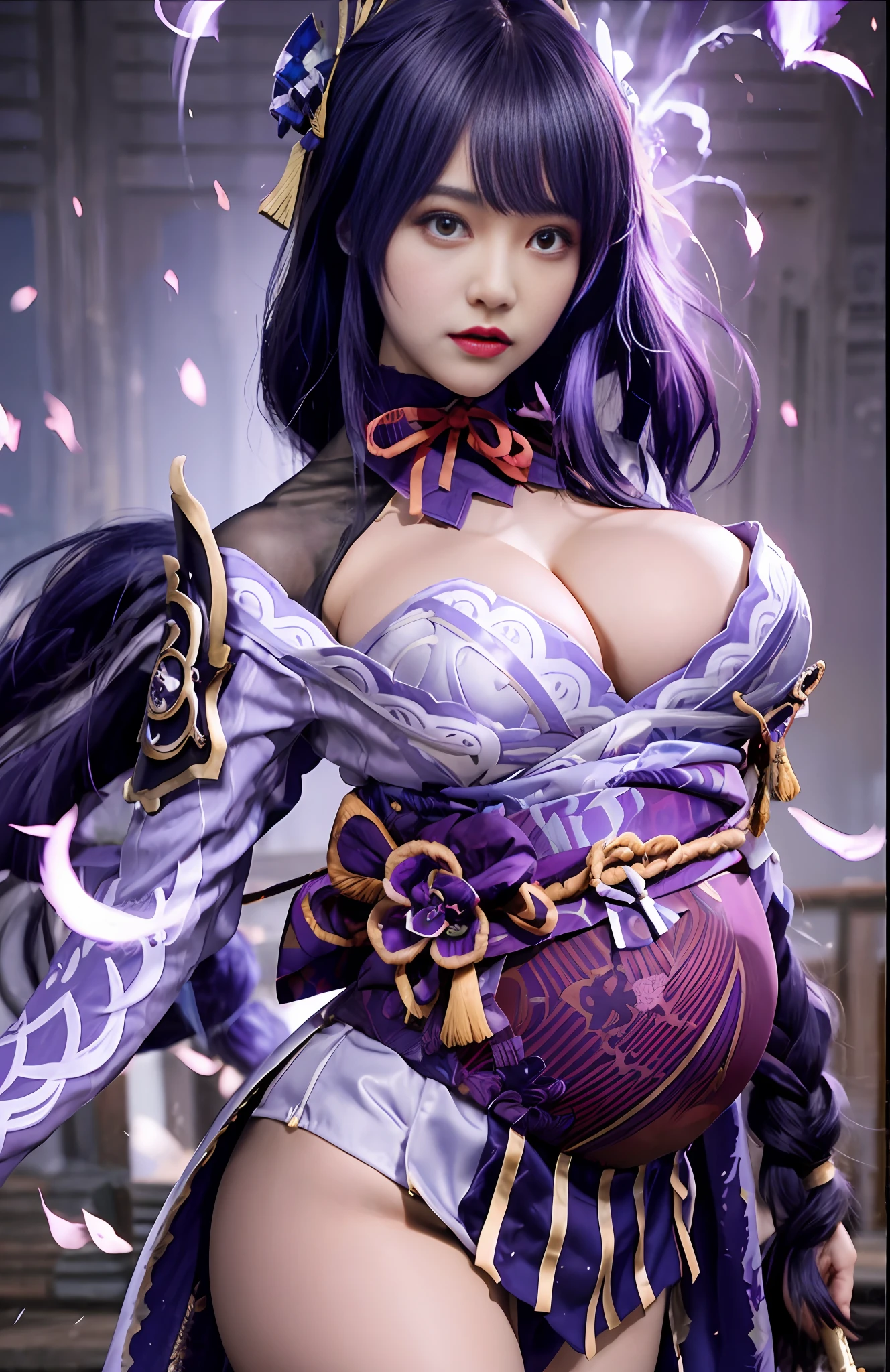 Unreal engine 5 render, the rising of the shield of fate, pregnant woman, hd wallpaper, ((beautiful cosplayer)), Cosplay Raiden Shogun genshin impact pregnant version, big belly, stomach holding pose, black haired, genshin, beautiful detailed purple eyes,beautiful face, top body is hyperrealistic perfect  medium boobs, big put belly, lower is huge buttocks,