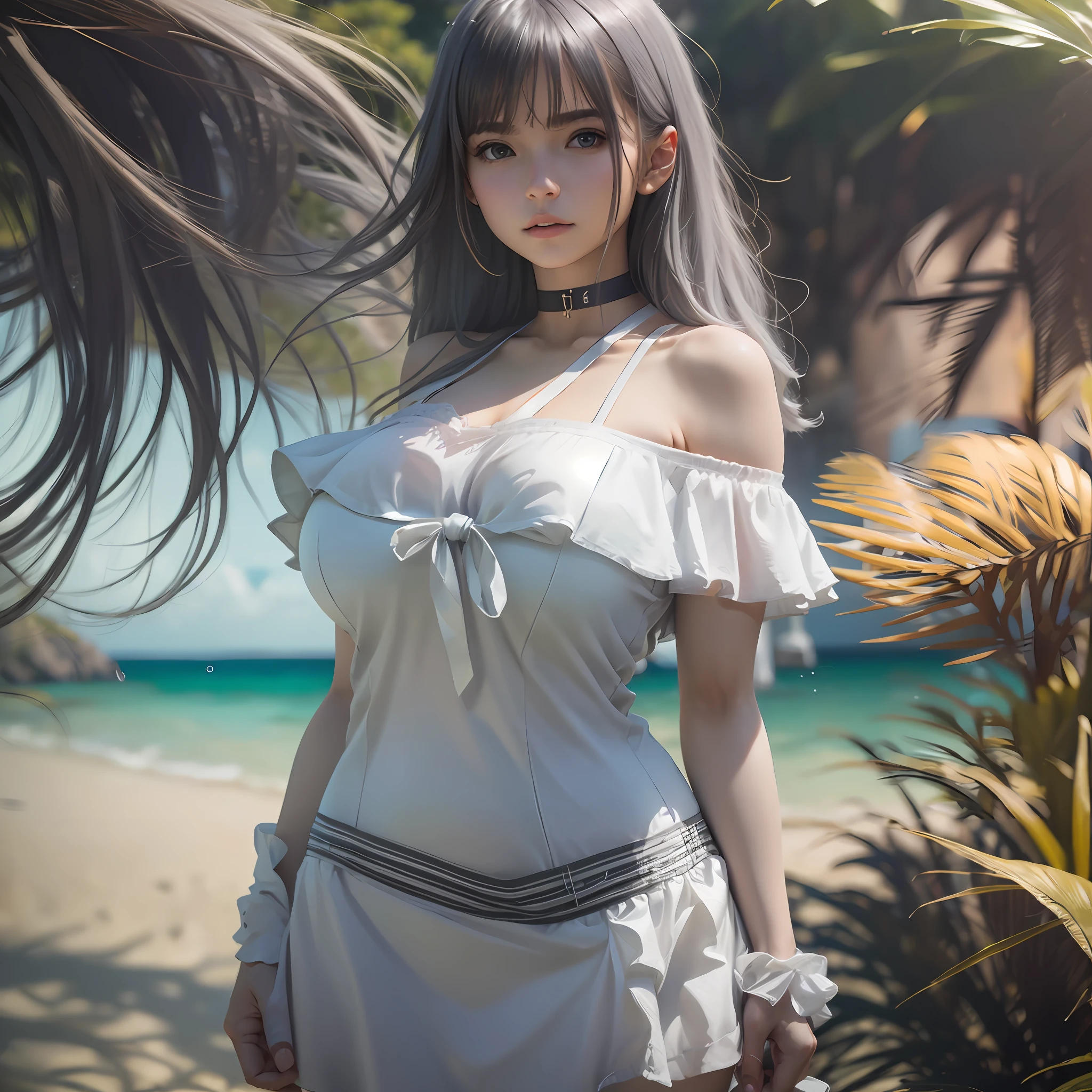1girl, off-shoulder white shirt, black tight skirt, black choker, (faded ash gray hair:1), (at beach), (huge breasts:1.2), looking at viewer, RAW photo, (photorealistic:1.37, realistic), highly detailed CG unified 8K wallpapers,(thick body:1.1), (huge breasts:1.2) ,(((straight from front))), (HQ skin:1.8, shiny skin), 8k uhd, dslr, soft lighting, high quality, film grain, Fujifilm XT3, ((upper body:1.6)), (professional lighting:1.6) --auto --s2