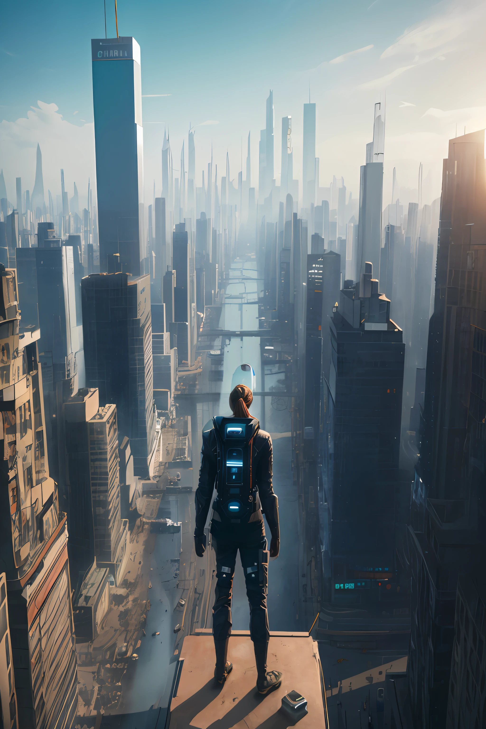 (corpo completo: 1.4) Photo of an android on the street with space trains landing near tall skyscrapers, cria uma matte painting obra-prima, (realismo: 1.4), melhor qualidade, beautiful lighting, Braided hairstyle, ray tracing, space background, (fundo muito detalhado, fundo ocupado complexo: 0.8), Terra no fundo, foco claro, Volumetric mist, 8k uhd, dslr, alta qualidade, movie grain, photo realisticity, lomografia, em (A huge metropolis in a future dystopia), visto de baixo, translucid , (HDR: 1.2),