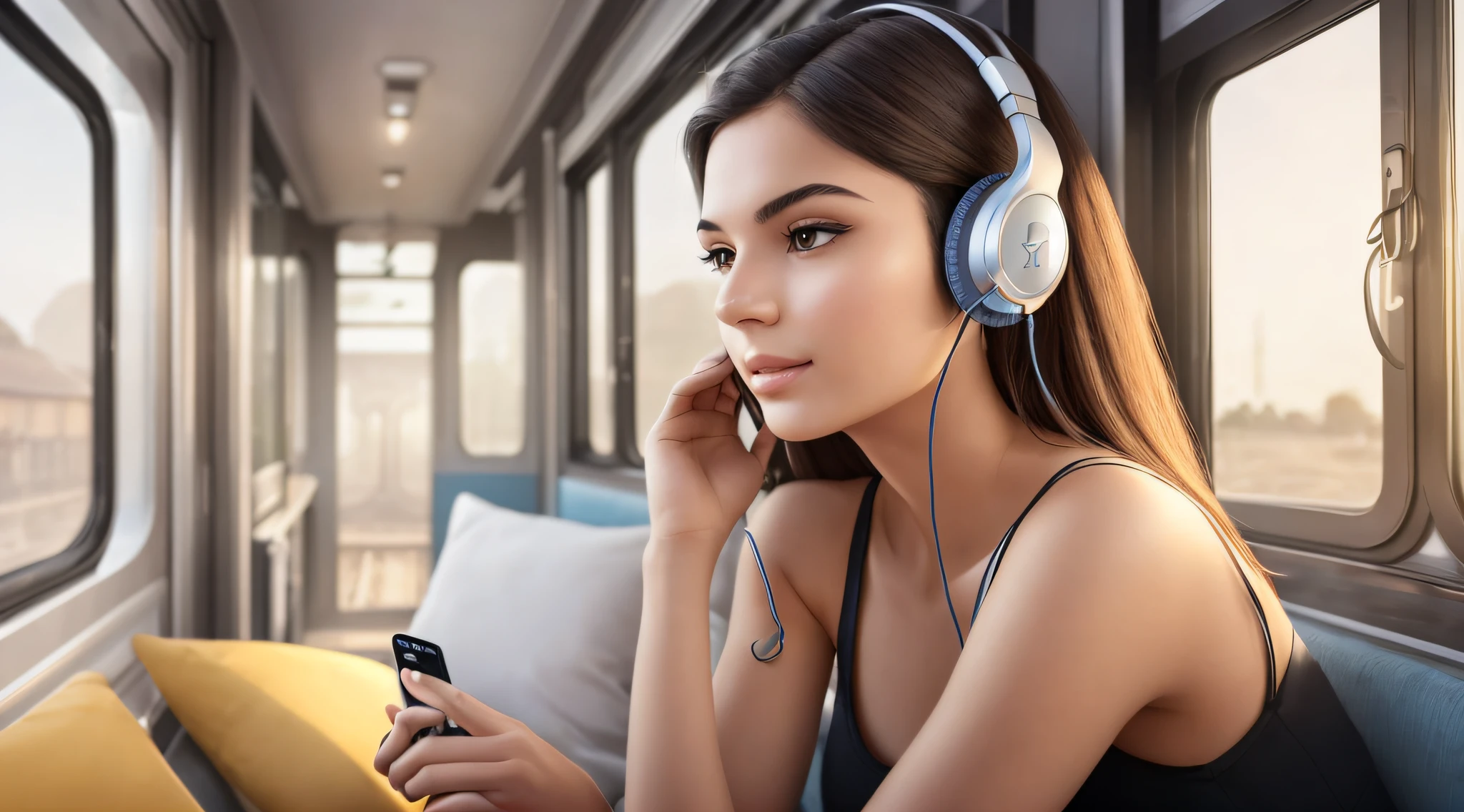 beautiful woman with headphone ,carton, attractive body, very hot, realistic,4k, background train of thought
