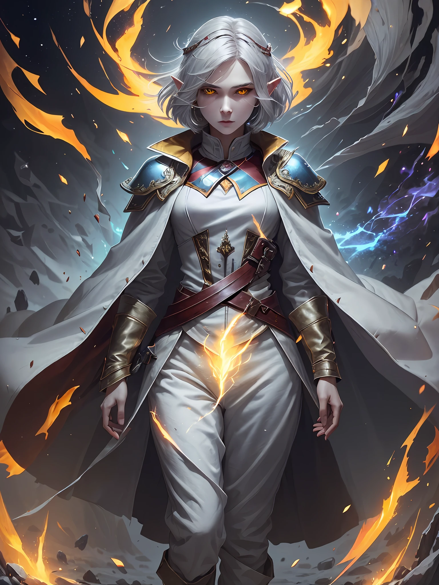 Digital Ilustration, Anime style, Woman, ((elf)), 1girl, beautiful, (tired, sad):1.4),(grey hair, bob cut, ((fine facial features)),),(white outfit, red outfit accents, assasin-style outfit, military coat, pants, boots),(glowing yellow eyes:1.2),elemental mage engulfed in blue flames and yellow lightning, chromatic chaos, gold and ice tones, depth of field, beautiful, highly detailed, hyperrealistic, cinematic lighting, clear, space background, cinematic lighting soft, (backlight: 1.2), (flowering: 1.2), (bright light: 1.1), (chromatic aberration: 1.2), sharp focus, high contrast ,masterpiece, photorealistic, (full body shot:1.3)