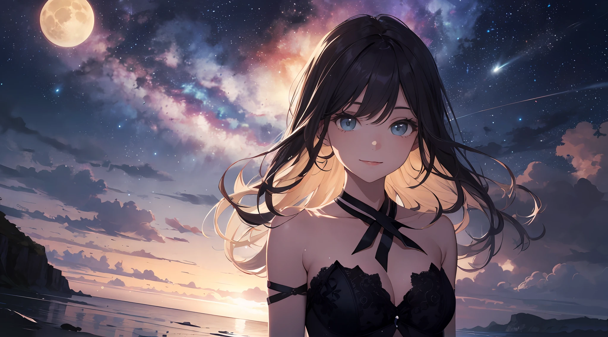 (Best Quality: 1.5), (Ultra Detail: 1.5), (Best Quality Photo: 1.5), ocean as far as the eye can see, horizon, pitch black sea, full moon night, rainbow, midnight, scenic, beautiful landscape, galaxy, nebula, full of stars, particles of light, very delicate and beautiful, very detailed, bioluminescence, cinematic light, mysterious, cinematic angle, 8k resolution, elegant, perfect, smooth, beautiful girl staring into the distance, very cute, smile, (delicate and beautiful eyes: 1.2), (girl: 1.5),lace,ribbon,strapless,luxurious accessories, solo, perfect body, water droplets, transparency,