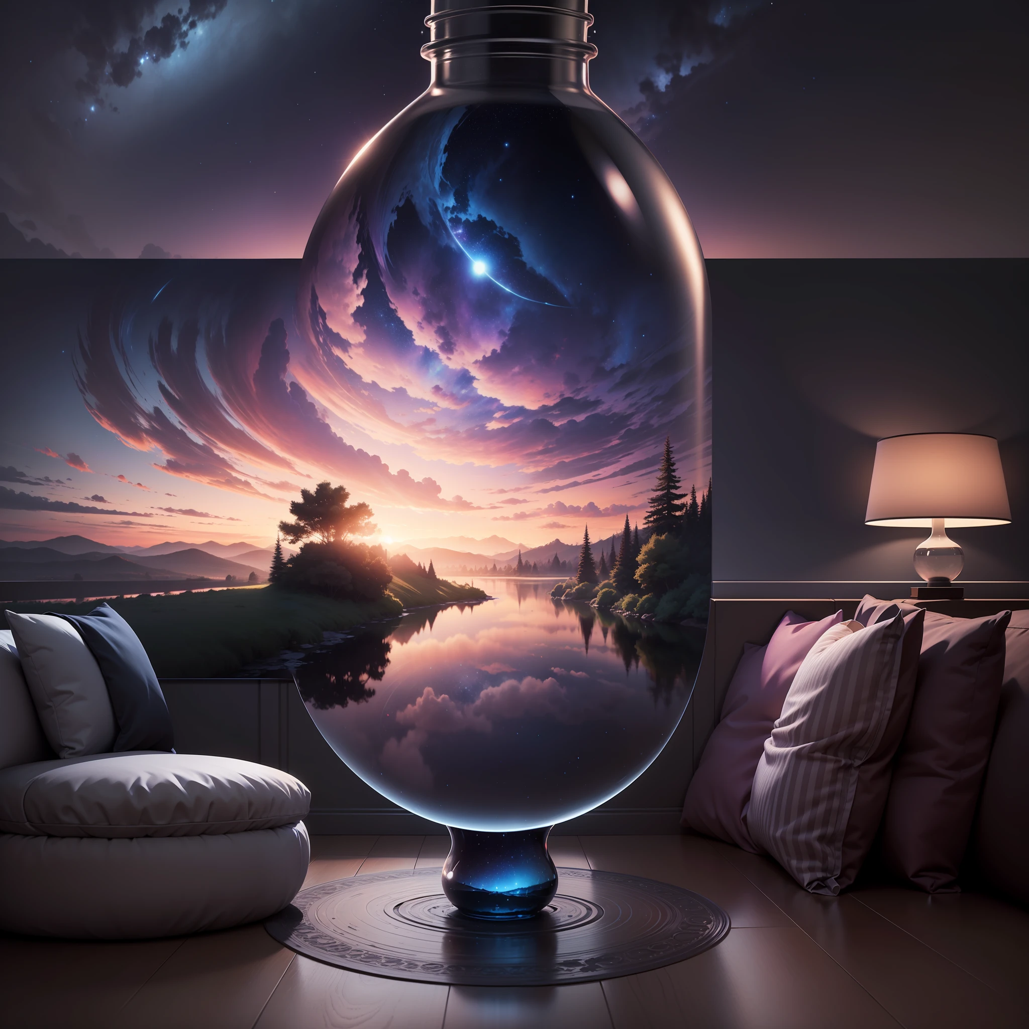 Create a beautiful river Which is contained in a giant bottle Posed in a modern living room in very high quality and in a very detailed scene Octane rendered Starry sky Dreams Giant purple sun Celestial vault Beautiful colorful clouds