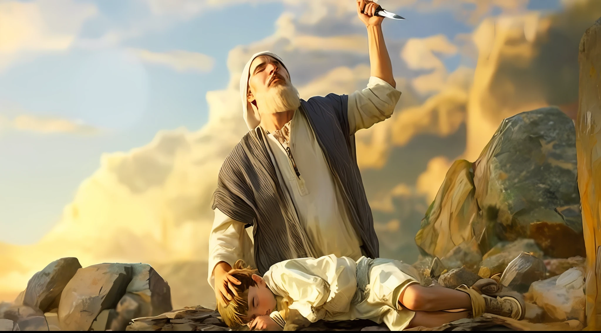 um homem idoso (Abraham) He raises his hand wielding a knife and with his other hand strokes the head of a boy (seu filho Isaac) who is lying on a makeshift altar made of rustic rocks on top of a hill, arid landscape.