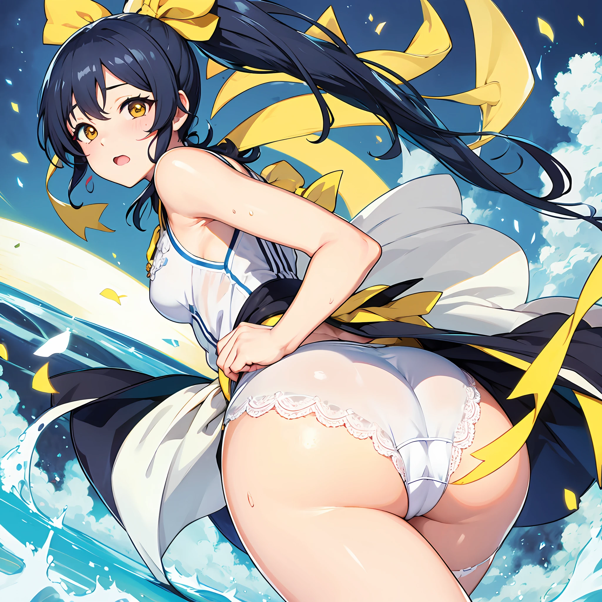 Solo, Anime, Love Live! , Black hair ponytail, yellow eyes, underwear, wet sheer, white underwear, angle from behind, big buttocks, white big ribbon hair fastening, puffy thighs, --auto
