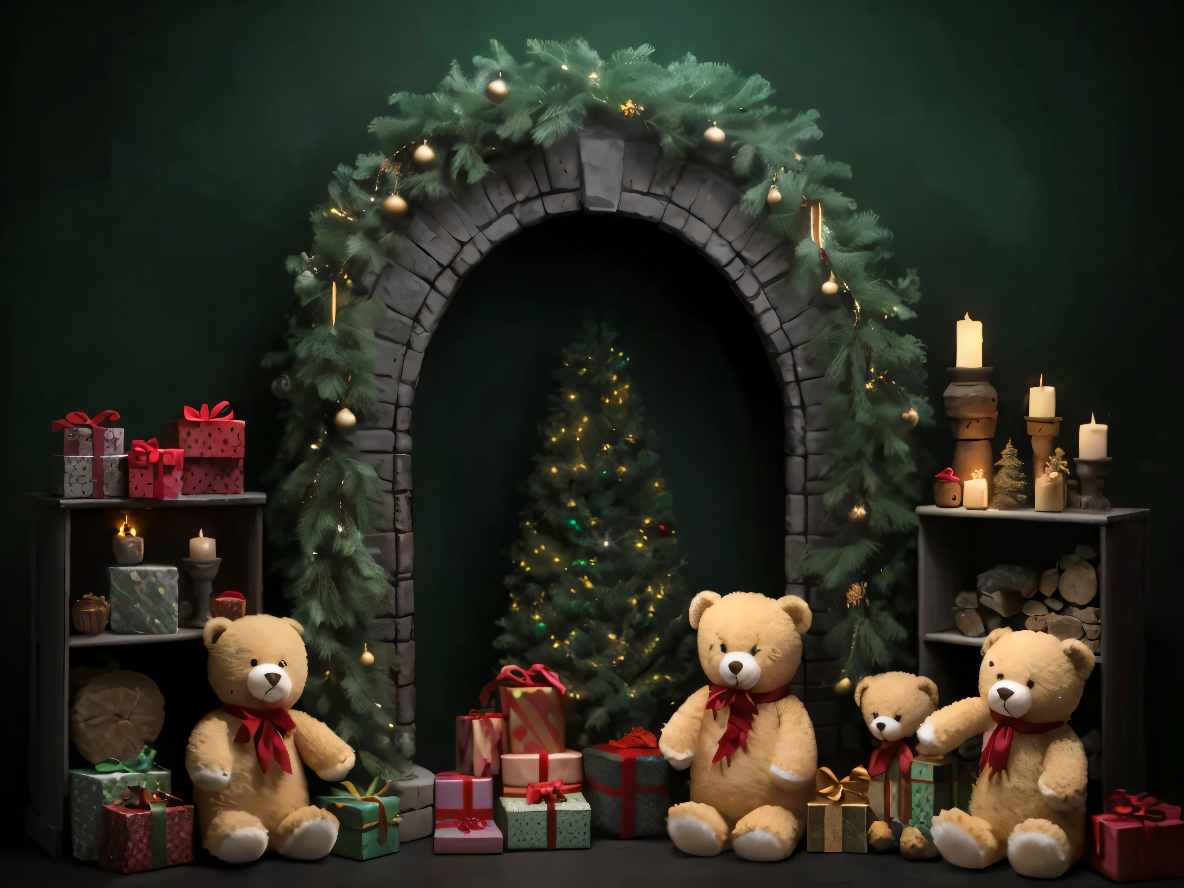 Hay tres osos de peluche sentados frente a una chimenea, Temporada de vacaciones, hight decorated, con arcos, Noche de Navidad, Navidad, 🕹️ 😎 🔫 🤖 🚬, 🤬 🤮 💕 🎀, Fondo en primer plano, ornate backdrop, santa's workshop, frente a una chimenea, Aspecto vintage, festivo, Foto publicitaria, bien decorado, vignette