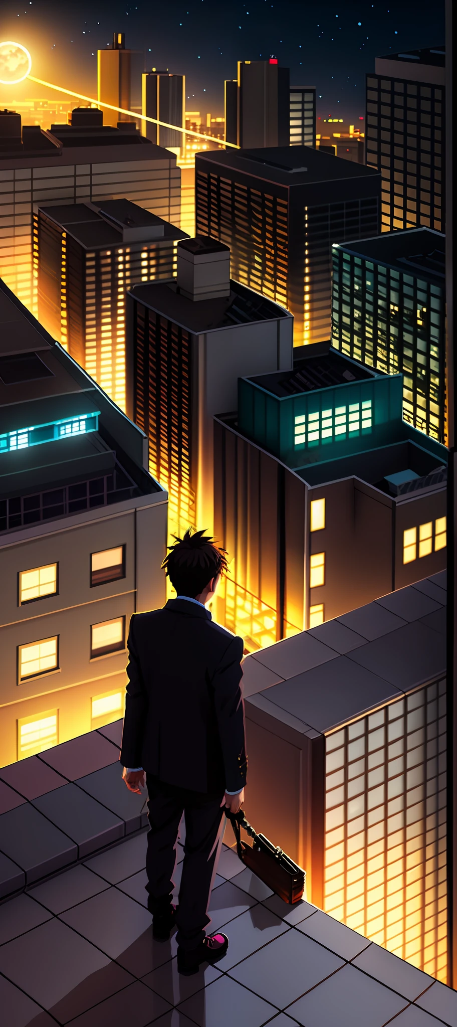 In this 2D animation scene, We have a lonely character, but full of confidence, com as luzes refletindo ao lado do seu rosto. 

The character is drawn with a stylized style of 2D animation, com linhas suaves e expressivas. It is positioned in a wide and open location, like a terrace of a tall building at night.

The light of the full moon shines brightly in the dark sky, fundindo um suave, brilho misterioso sobre a cena. Ao lado do rosto do personagem, luzes coloridas e brilhantes refletem, criando um efeito fascinante.

O personagem tem uma postura confiante, com os ombros eretos e o olhar determinado. Seus olhos refletem a intensidade das luzes ao seu lado, conveying a mix of courage and self-confidence.

Ao fundo, We can see the outline of the silhouettes of buildings and a bustling city. No entanto, The character seems to be in his own world, focado e confiante em suas habilidades.

This scene conveys a sense of inner strength and confidence, as the character stands out alone amid the nocturnal cityscape. The lights reflecting beside him symbolize his unique brilliance and his determination to face challenges with courage.

The animation is accompanied by a captivating soundtrack, which increases the character's sense of empowerment and determination.