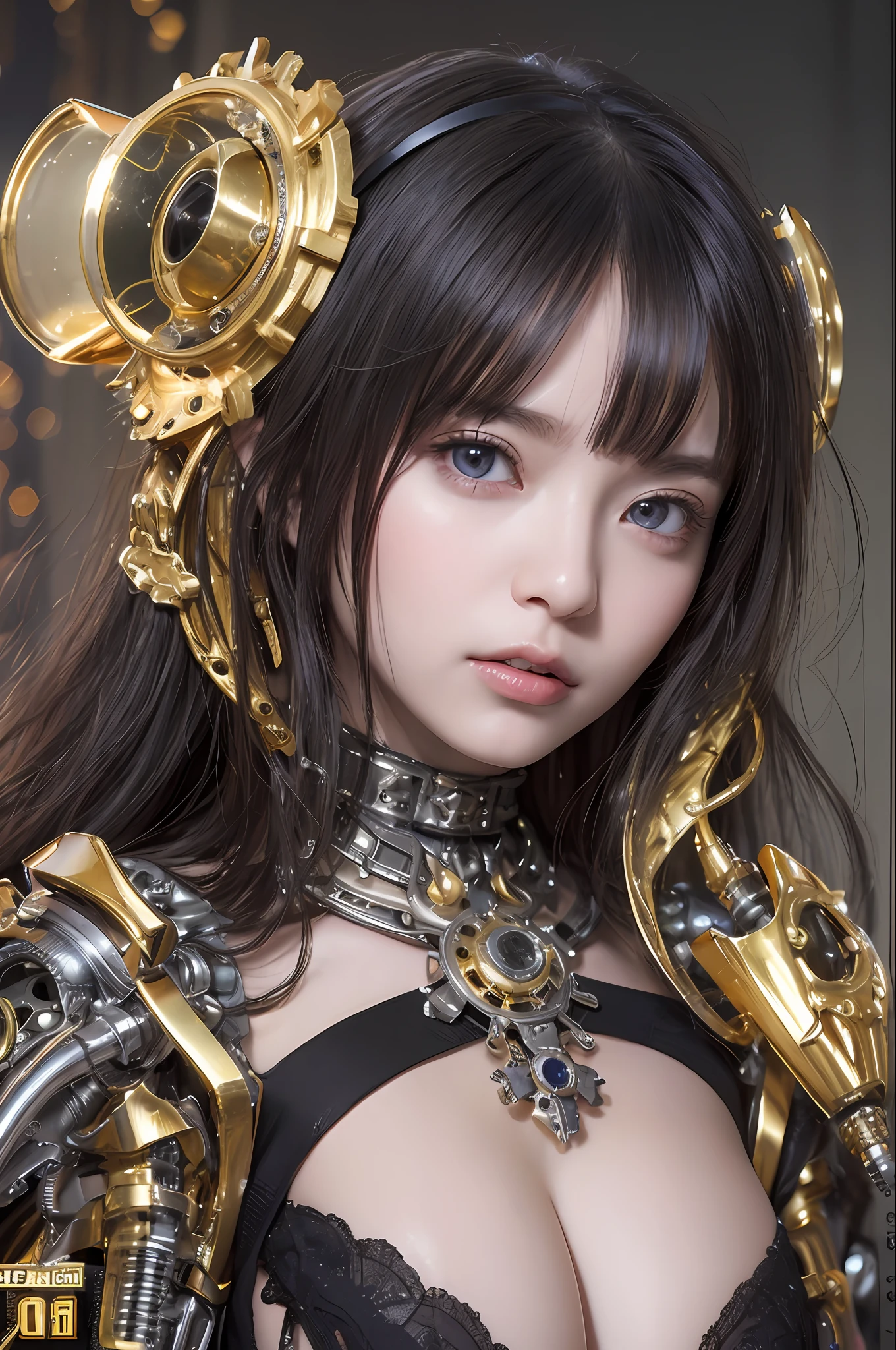 最好质量、巨作、ultra-high-resolution、(photoreallistic:1.4)、Raw photo、1人、Black hair、glowy skin、1 Mechanical Girl、((hyper realistic detail))、portlate、Global Illumination、Shadow、octane rend、8K、ultrasharp、big tit、Raw skin is exposed in cleavage、metals、Details of complex ornaments、Gothic Loldetails、Analog Meter、cog、gear、Golden hydraulic cylinder、hyper intricate details、Realistic light、CGSoation Trends、purple colored eyes、eyes glowing、Facing the camera、neon details、Mechanical limbs、blood vessels connected to tubes、Mechanical vertebrae attached to the back、mechanical cervical attaching to neck、sitting on、Wires and cables connecting to the head、Small LED lamp、