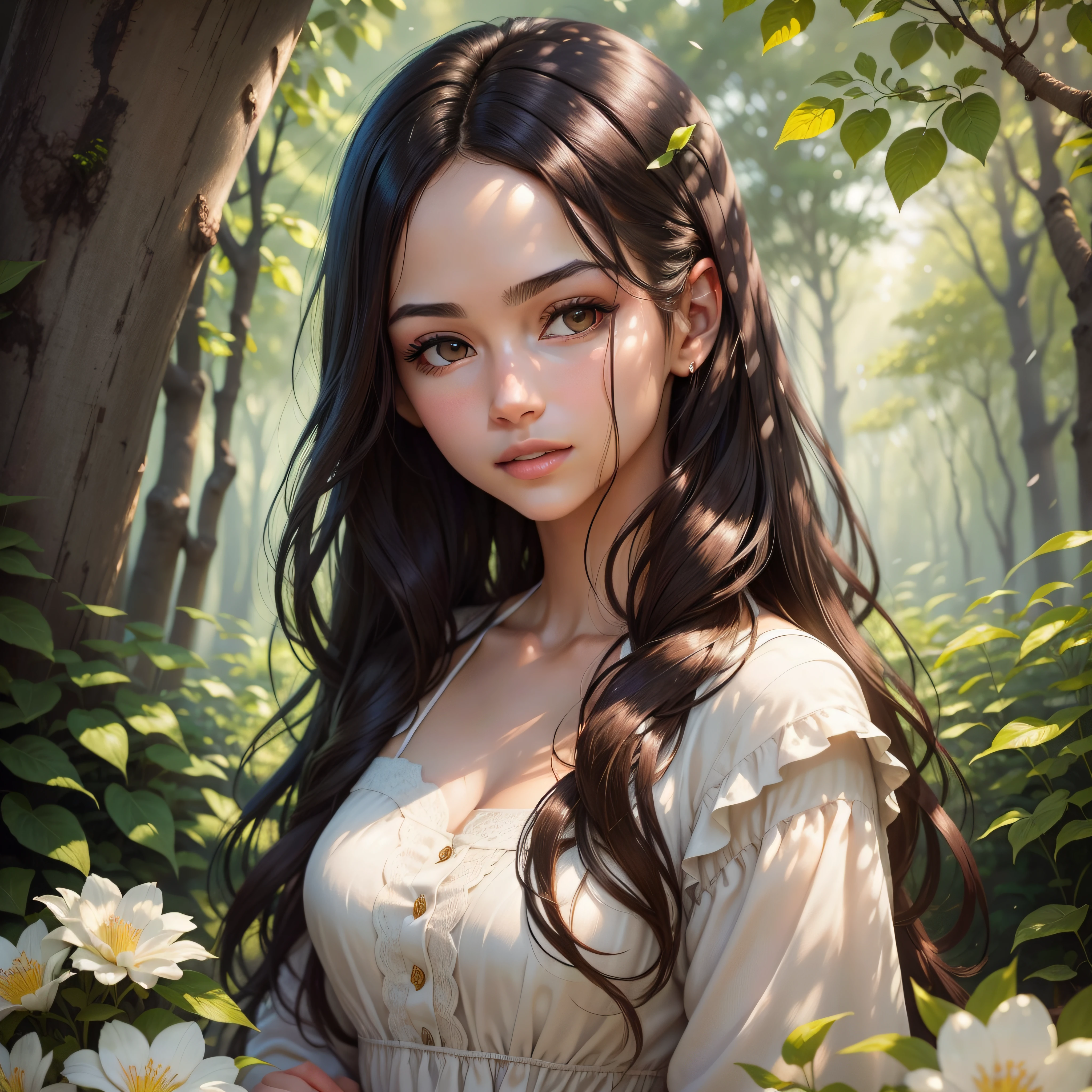 commercial illustration of a woman dressed in flowers with flowers in her hair, in the style of artgerm, vibrant palette knife, franciszek starowieyski, michael malm, captures the essence of nature, sun-kissed palettes, illustration