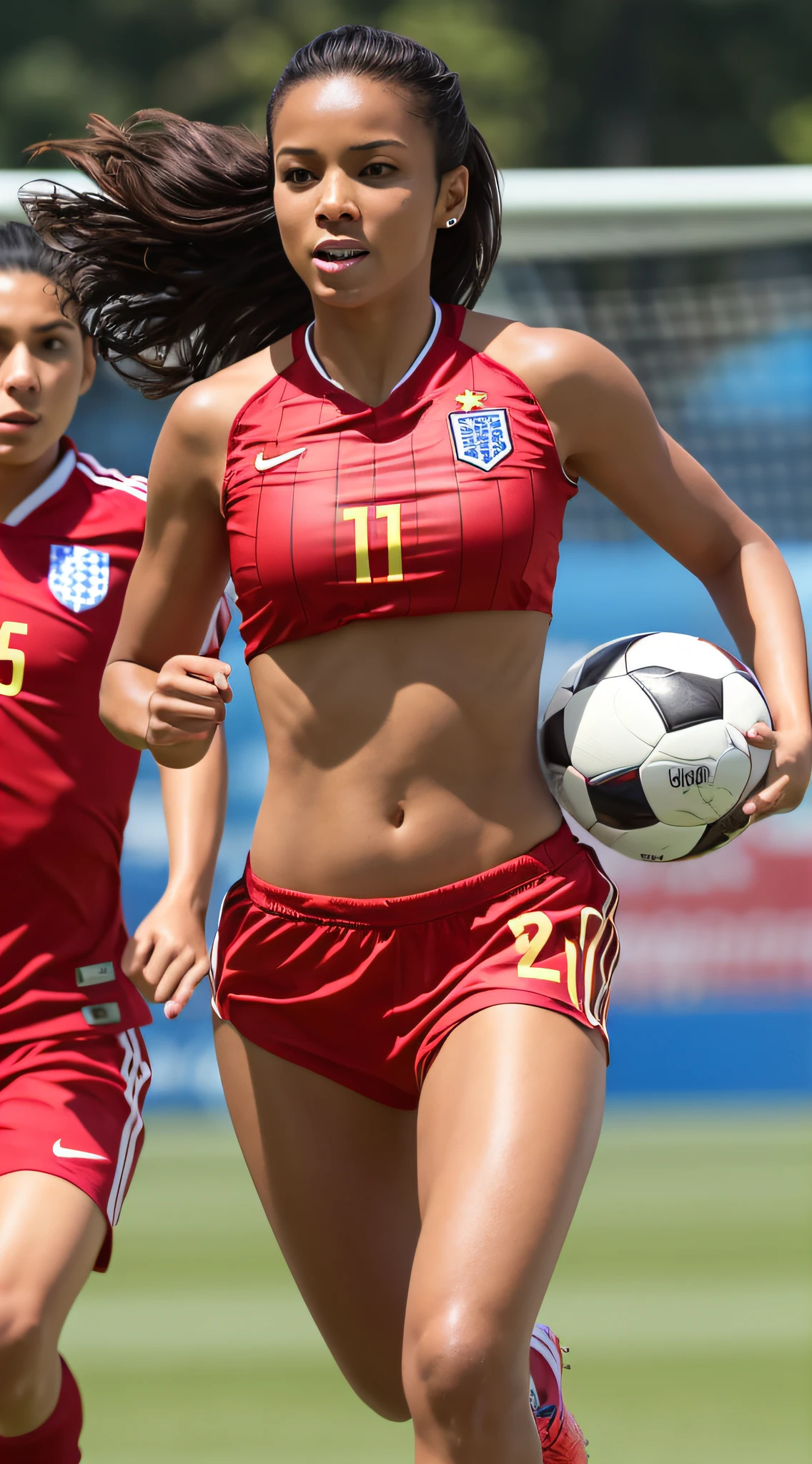 Generate an image of a woman running with a soccer ball while wearing the official national team jersey of Panama. The woman has a curvaceous, hourglass figure and is wearing a tight bikini bottom that accentuates her curves. Her hair is long and chocolate brown, and her skin is bronzed and detailed.