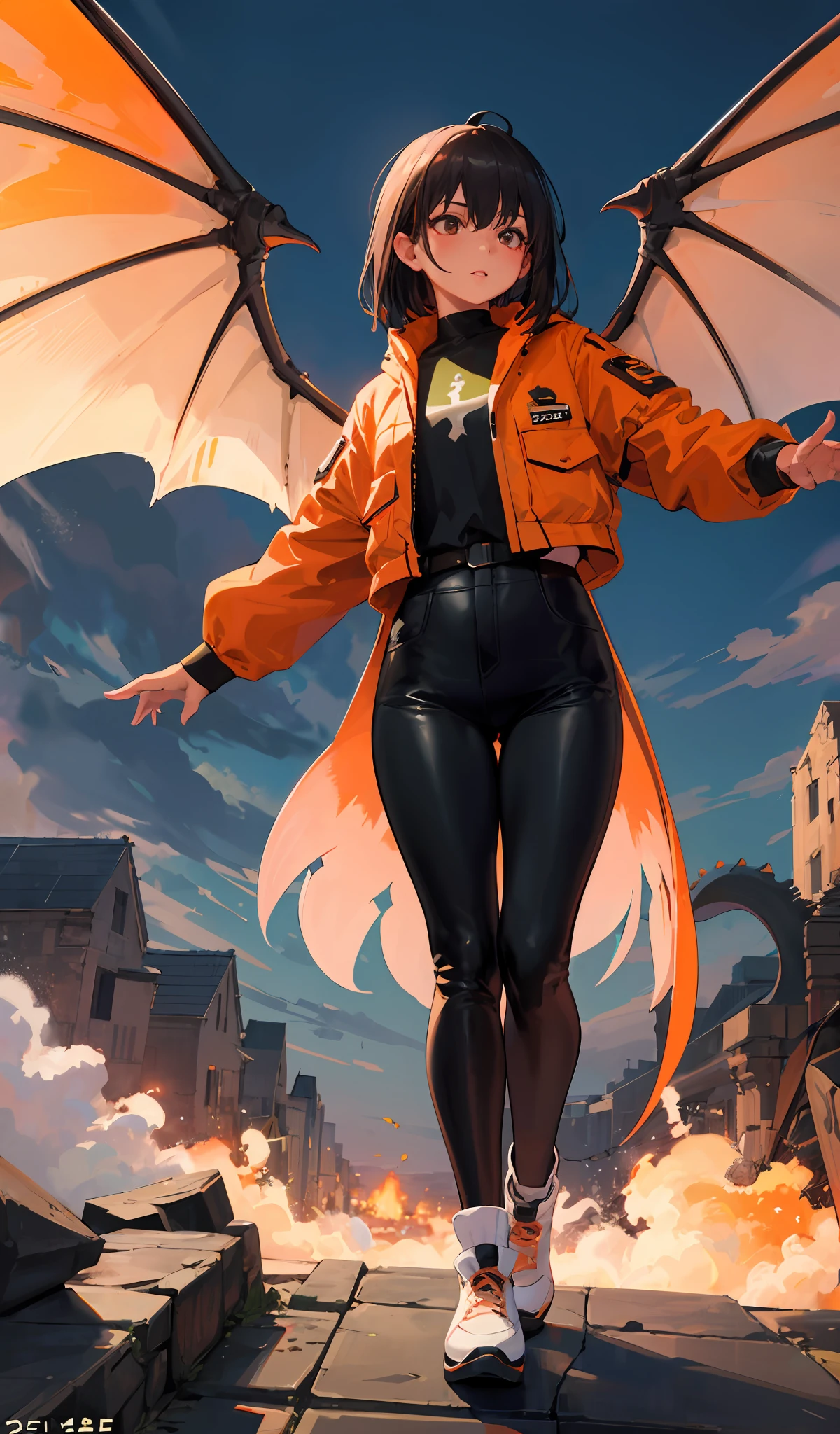 4k, realistic, carismatic, very detail, there is a girl on sky, wearing dino costum, she is dino girl, wings, orange theme, black hair, 25 years old, full body