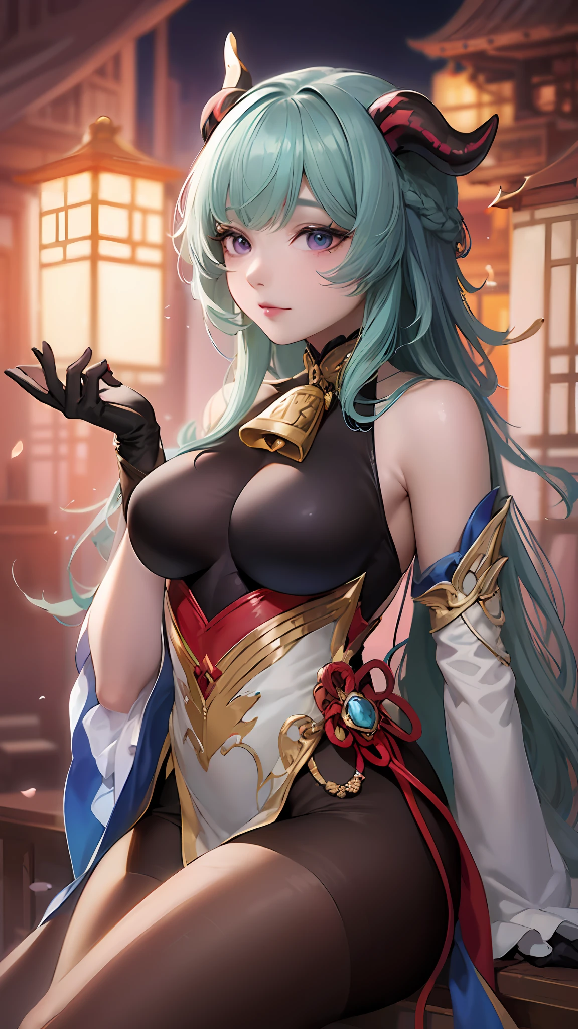 By bangs, Exposed shoulder, bell, Black gloves, Black tights, ((Blue hair)), Blushlush, breasts, Chinese knot, the sleeve, east asian architecture, Flower knots, mitts, cow horn, length hair, looking at the spectator, middlebreasts, neck bell, the night, exteriors, lacepantyhose, purpleeyes, Temple, solo, tassels, White sleeves, ((巨作))Guviz-style artwork, ((a beautiful fantasy empress)), a beautiful anime portrait, Guviz, Beautiful anime girl, Smooth anime CG art, beautiful anime style, Guweiz in Pixiv ArtStation, 8K high quality detailed art, Guweiz on ArtStation Pixiv