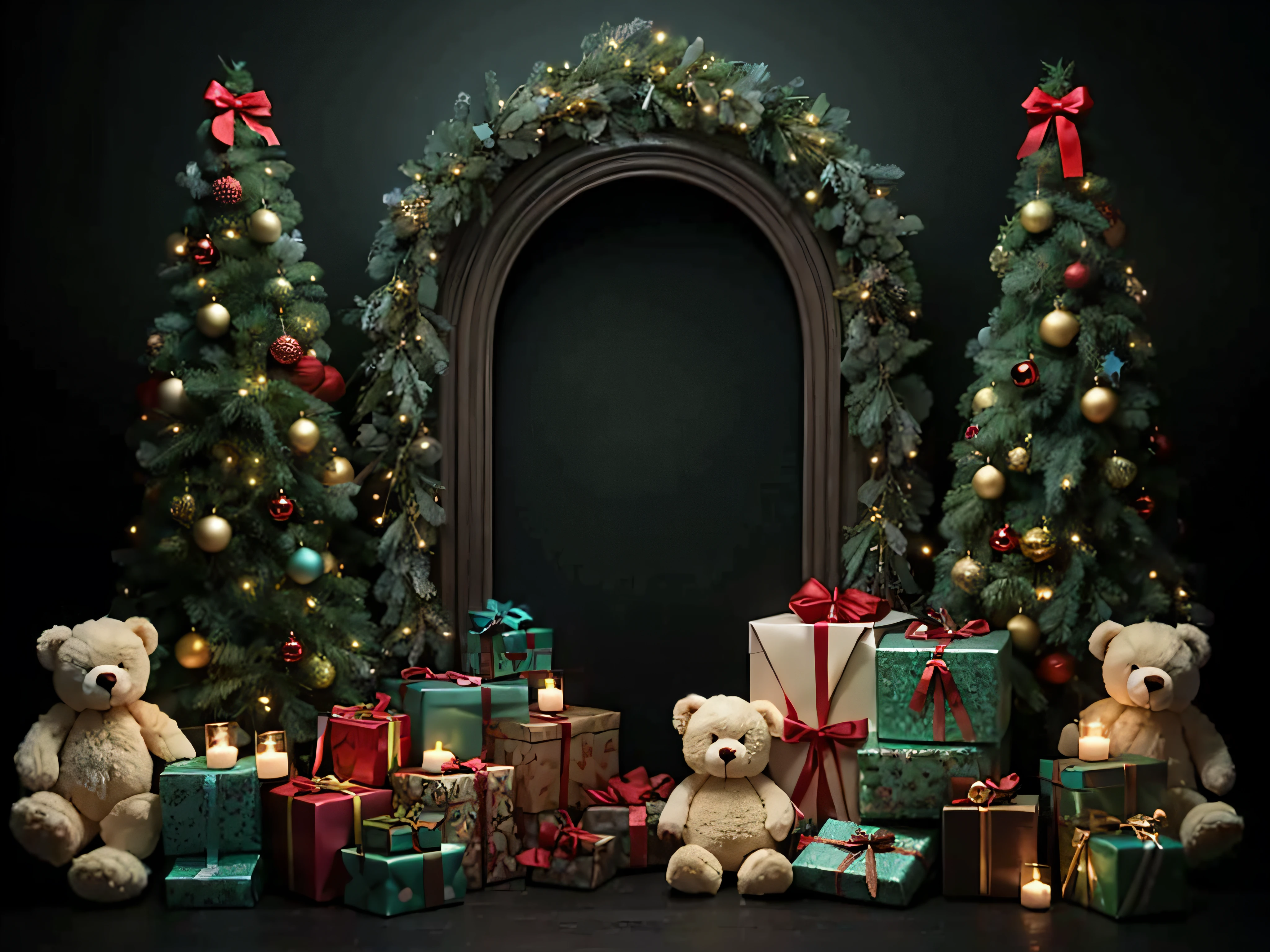 arafed teddy bears and presents are sitting in front of a christmas tree, Regalos, Temporada de vacaciones, Presenta, lujosamente decorado, 🤬 🤮 💕 🎀, Noche de Navidad, hight decorated, bien decorado, decoration around the room, con arcos, Dar regalos a la gente, 🕹️ 😎 🔫 🤖 🚬, Un hiper realista
