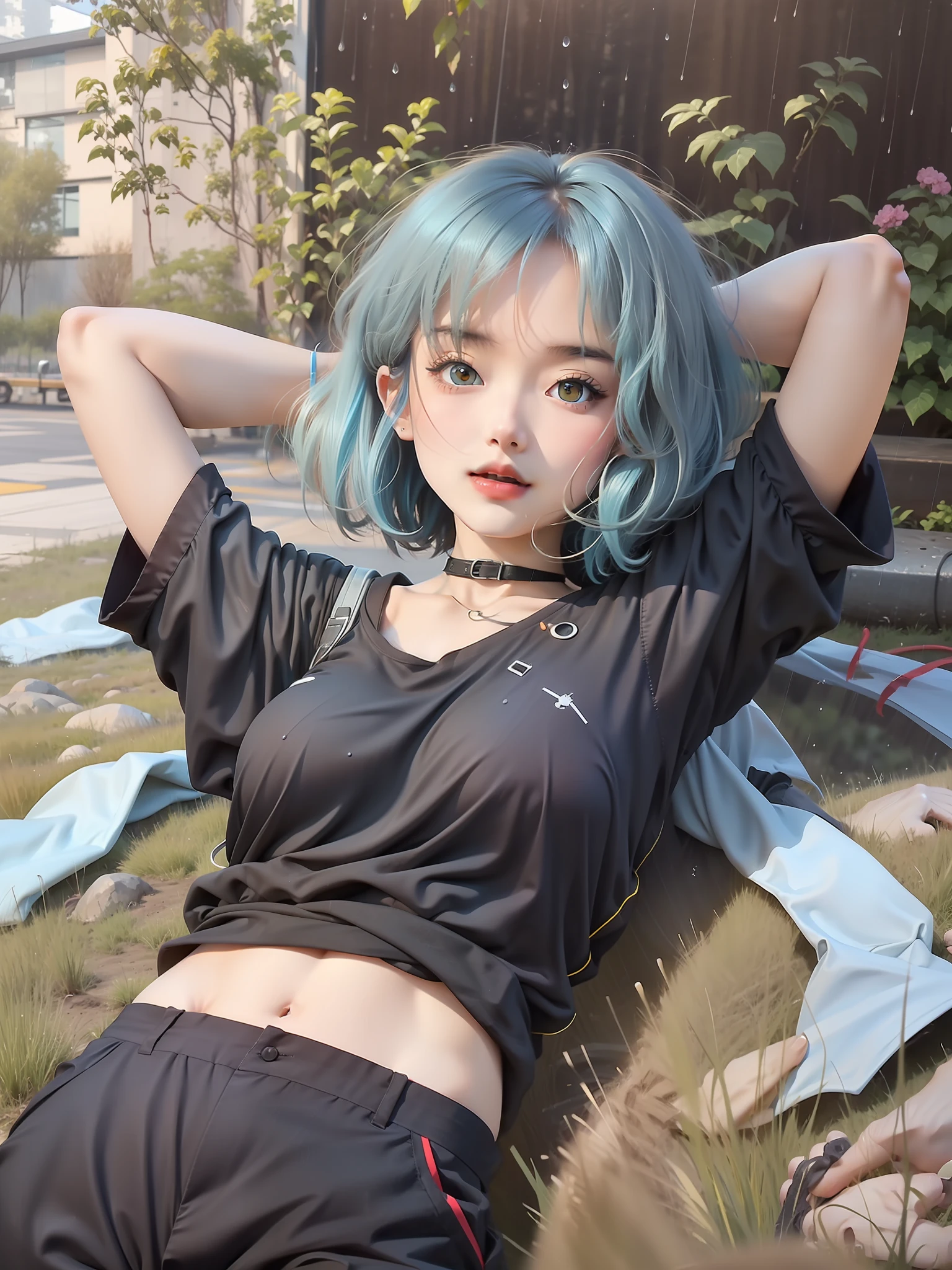 1 girl,light blue short hair, yellow eyes, big boobs,black shirt,black long pants, when it rains