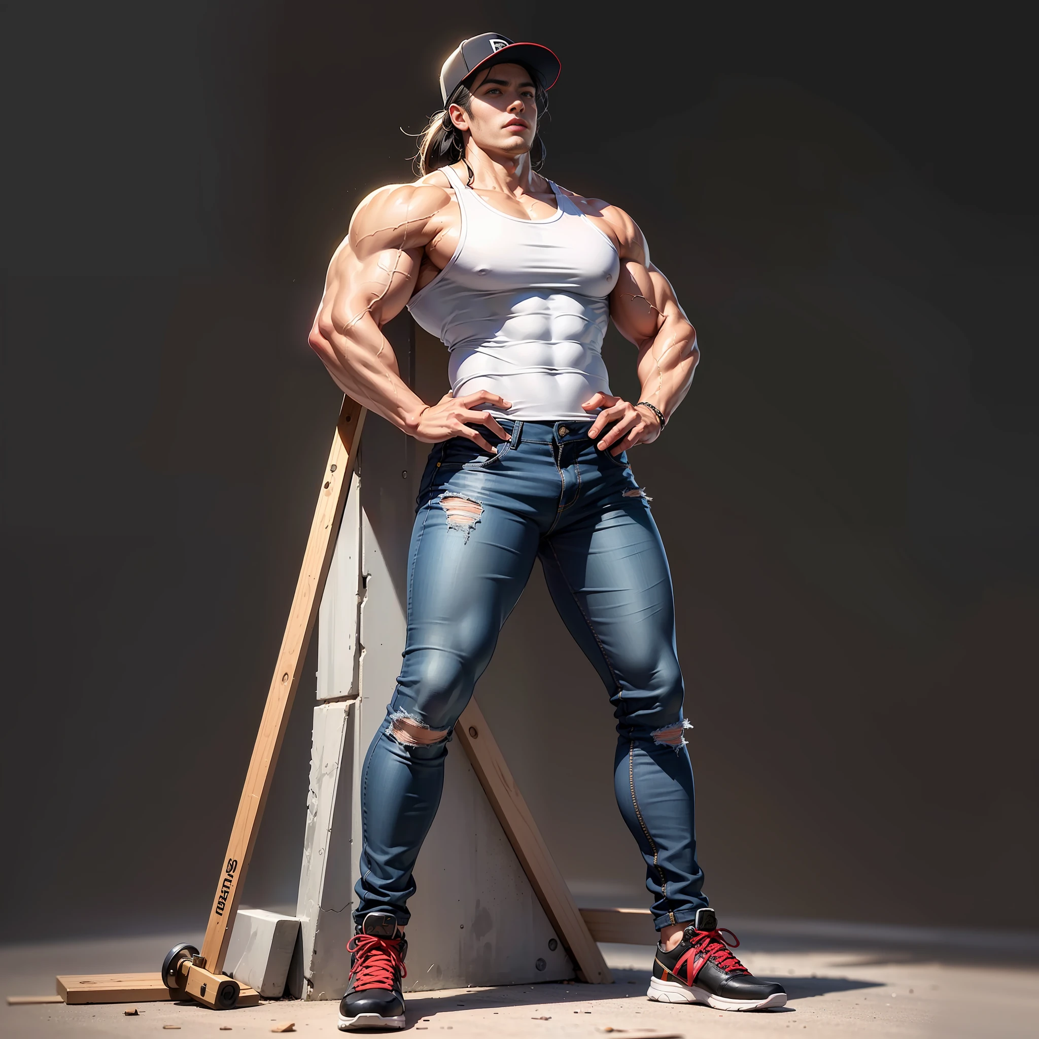 androgynous girly boy, young man, otoko no ko, femboy, trap, t-shirt, tight jeans, sneakers, trucker hat, standing, posing, looking at viewer, full body, full-length portrait, muscular, bodybuilder, strong, big muscles, thick thighs, thunder thighs, big pectorals, bulging pectorals, large pecs, ambiguous gender, genderless, delicate facial features, effeminate man, thick eyebrows, long eyelashes, eyeliner, freckles, long nose, background is an empty road and a truck parked by the roadside, male in a white tank top and jeans posing for a picture, muscular male hero, muscular character, feminine and muscular, exaggerated muscle physique, highly detailed character, super buff and cool, Best Quality, Masterpiece, Ultra High Resolution, Photos, 1 Handsome Long Hair (((Boy)))), Dim, Darkness, Movie, ((Men)), (Torn Clothes: 1.5), (Wet Clothes: 1.4), Biting Lower Lip, Bare Shoulders, Real Rain, Wet Hair, (((Men)))
