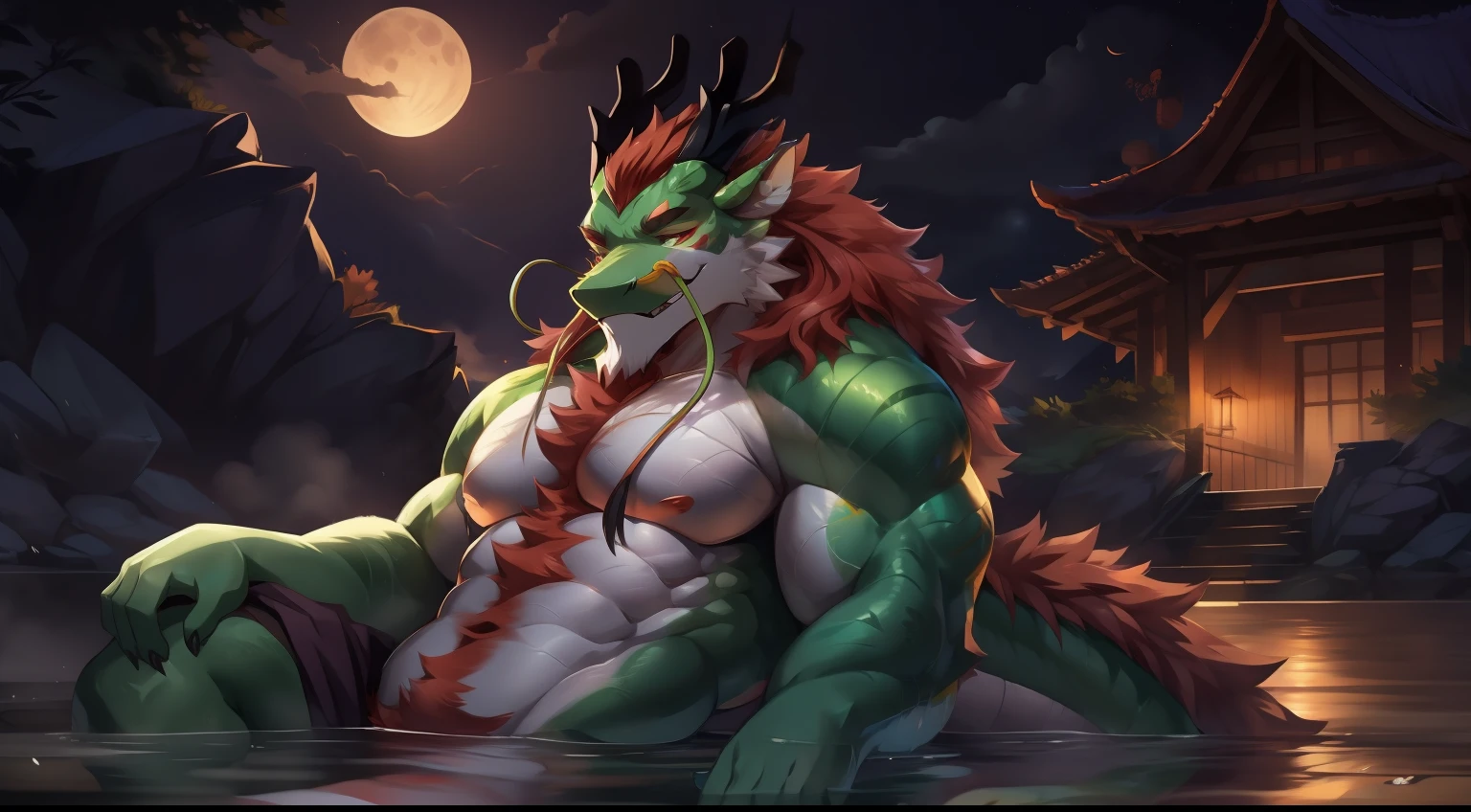 eastern dragon, , strong,, (bathhouse), tail, old, barbel, fluffy mane, kiyosan, green body, red hair,  detailed background, dark shadows, wide dynamic range, hdr, low light:1.2.,, solo, laying down,, no clothes, water,, scales,, anime style, niji, steamy, outdoors, moonlight, relaxed, smirk,looking pleasured, looking into distance, thick thighs, muscular legs, pubic hair, happy trail