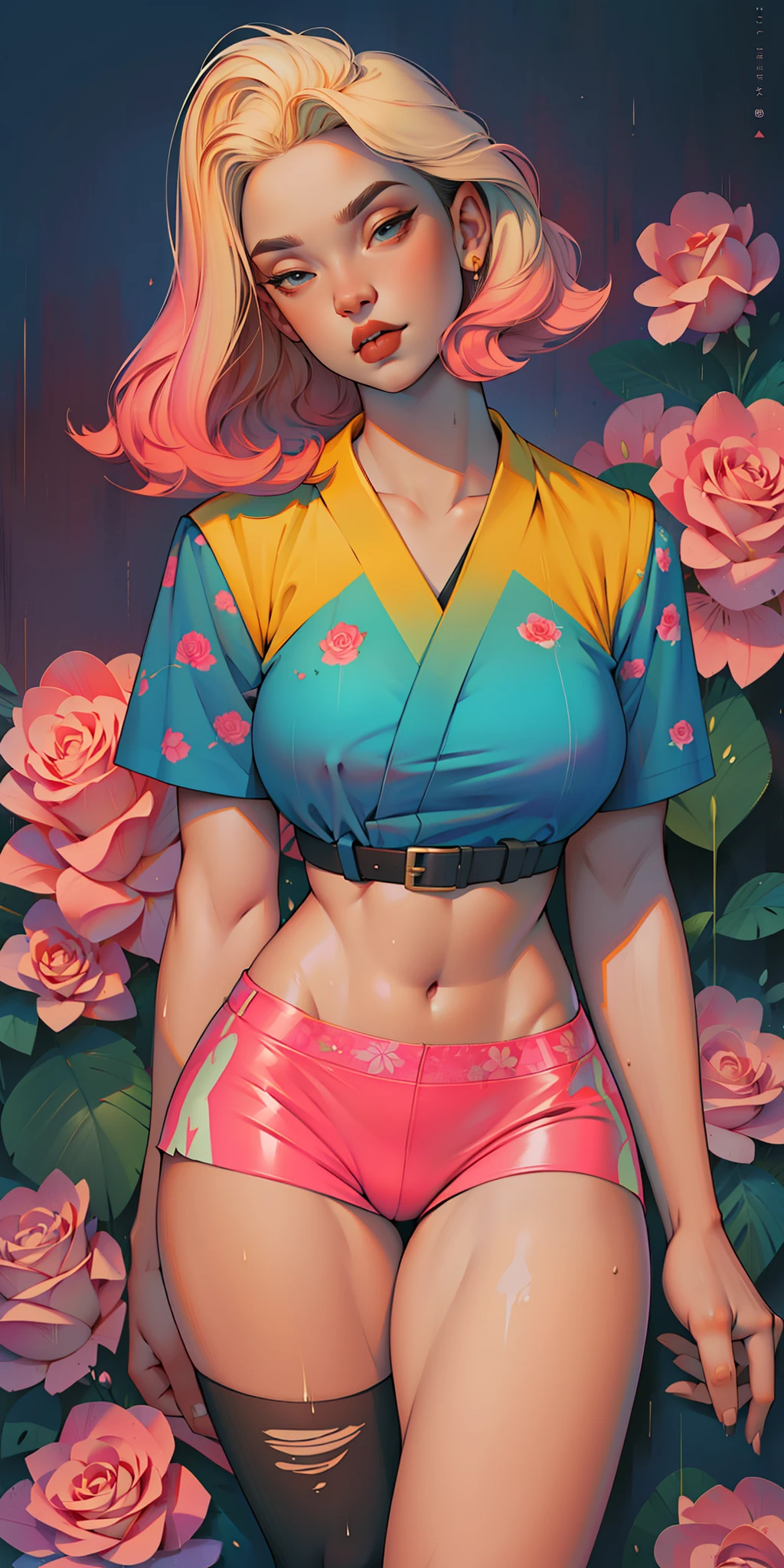 Background, In chic boho style, in a café, Ice cream print, multi-colored neon lights, neon garlands, rose hair, mixed-language_SMS, Japanese graffiti, (beautiful and clear background:1.2),, fantastic paintings ,graffit style, olhos altamente detalhados , Underwear, lace, latex, blonde girl, cannabis print, tattoo, Loving, Love, ultra detail hair, Masterpiece, Best Quality, high qulity, high resolucion, detail enhancement, ((most beautiful image in the world)), Masterpiece, Best Quality, high qulity, high resolucion, detail enhancement, ((most beautiful image ), Shiny pink degrade hair, ultra short fitted Stampa Flores, Rollers, tights in a mesh,ripped short shorts, art by stjepan sejic, art by j scott campbell, art by guillem march, art by citemer liu, 4k, high resolucion, comic book character, comic, high quality detailed, style of ::2.0 comix illustration style,tatoon style, high qulity, high resolucion, detail enhancement, 8K, HD, Best Quality, high qulity, high resolucion, detail enhancement, 8K, HDR, sharp-focus, Ultra Detailed, perfect lighting, Curvy Body, Lush breasts, Curvy hips